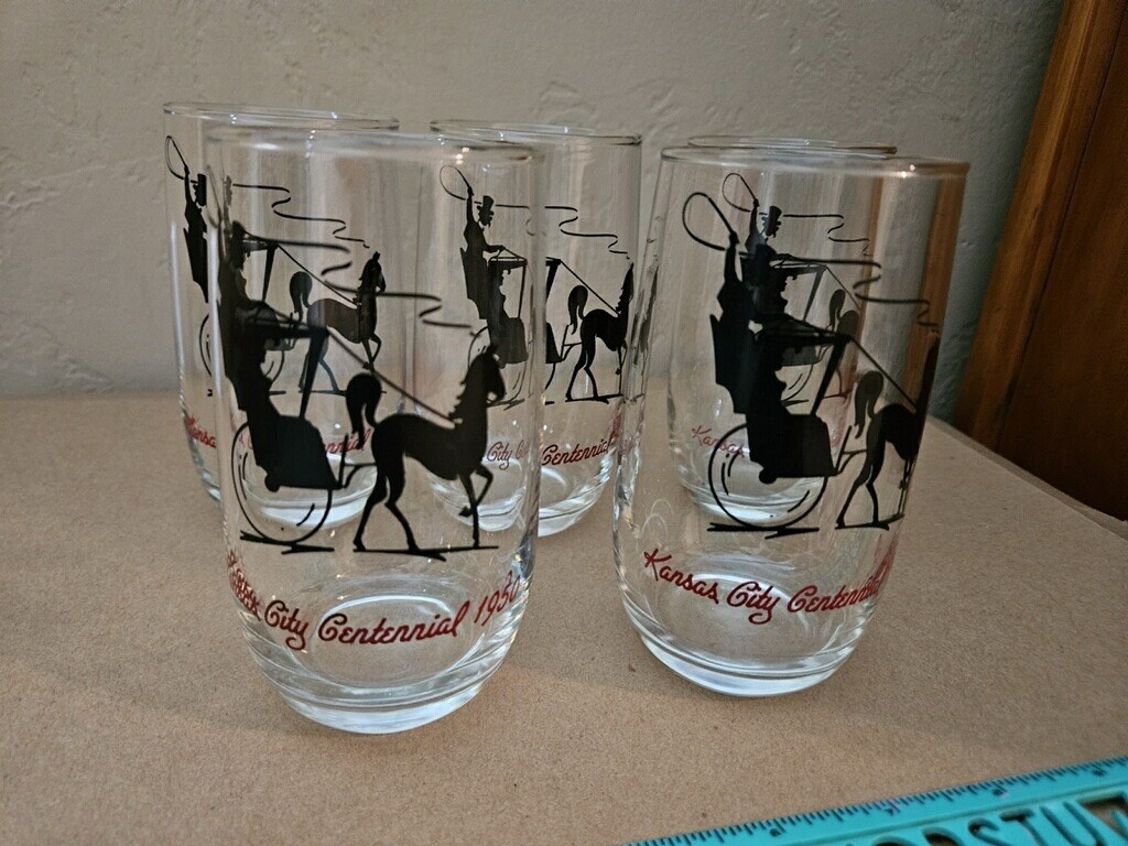 Kansas City Centennial 1950 Vtg Set of 5 Glasses Cups Tumblers Horse and Buggy