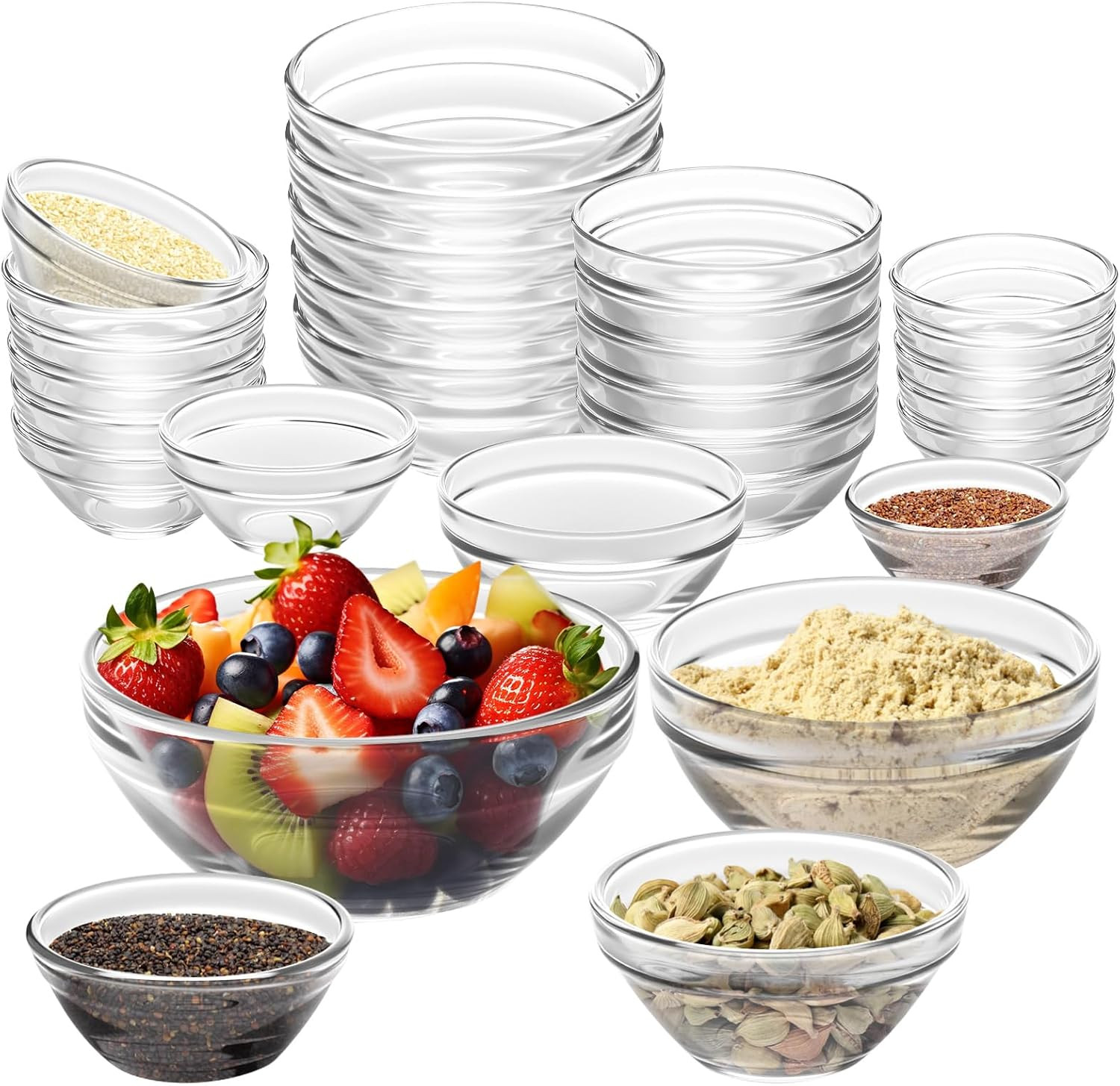 20 Pcs Glass Prep Bowls Sets 4 Sizes 1.5/2.5/4.5/8.5 Oz Cooking Clear Small Prep