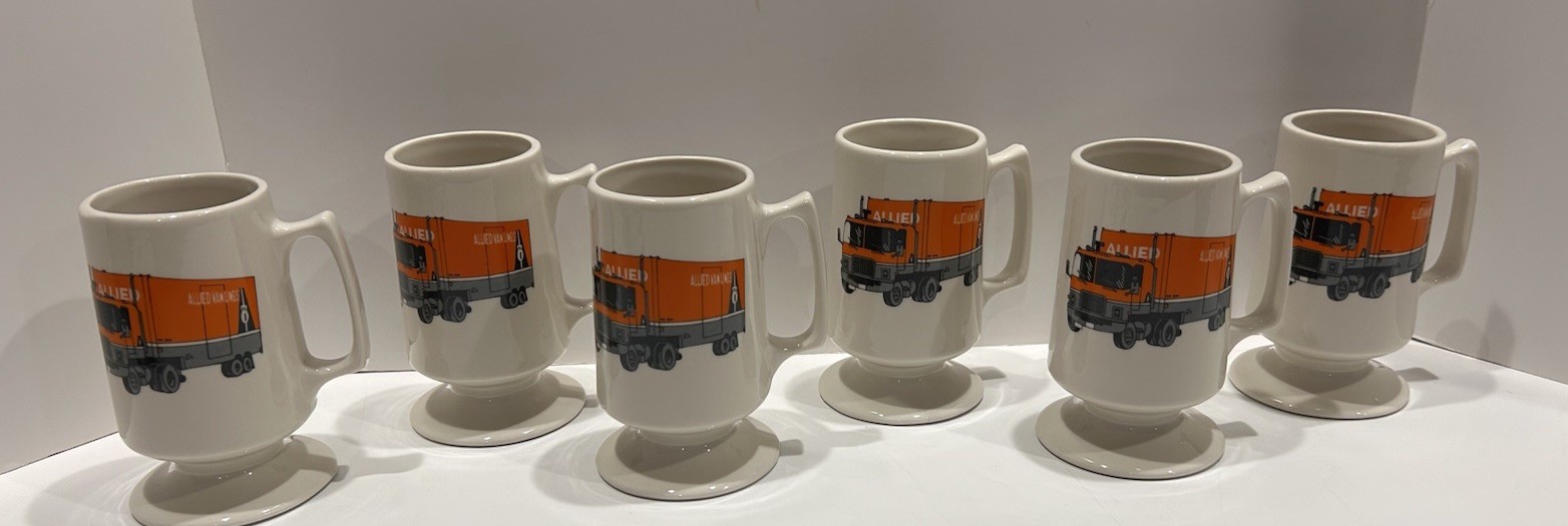 VTG ALLIED VAN LINES FOOTED COFFEE MUGS 6 TRUCKING BUNTINGWARE READ