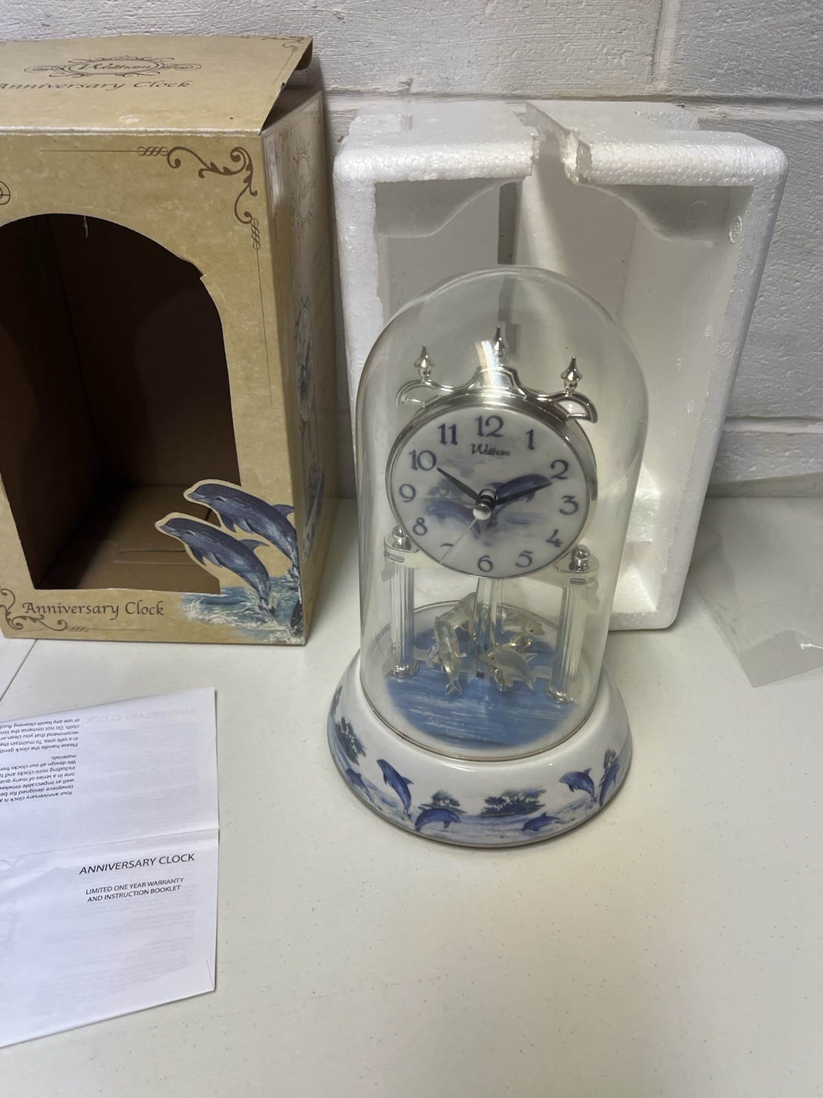 Waltham Vintge Porcelain 9 In Dolphin Clock New In Box Frutiger Aero Anniversary Waltham Vintge Porcelain 9 In Dolphin Clock New In Box Frutiger Aero Anniversary