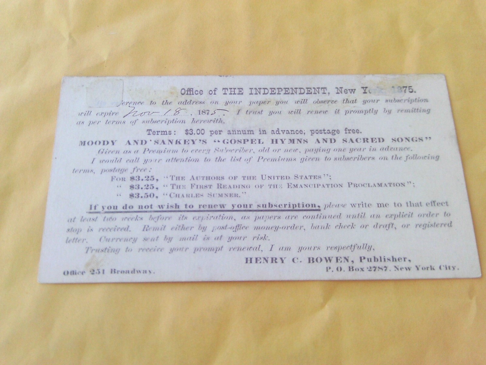 RARE 1875 POSTCARD AD MUSIC GOSPEL HYMN\'S BOOK INDEPENDENT SUBSCRIPTION NEW YORK