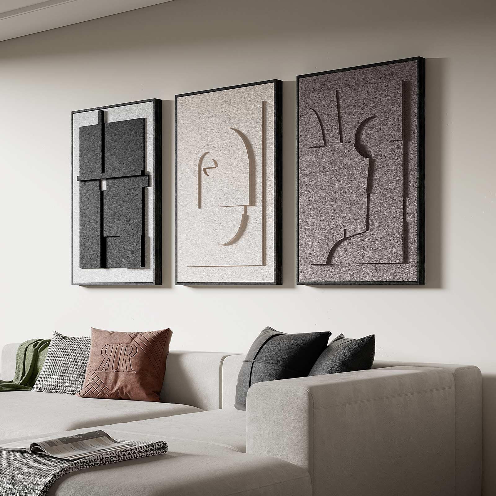 Large 3D Textured Framed Wall Art for Living Room, 3pcs Abstract Geometric Re...