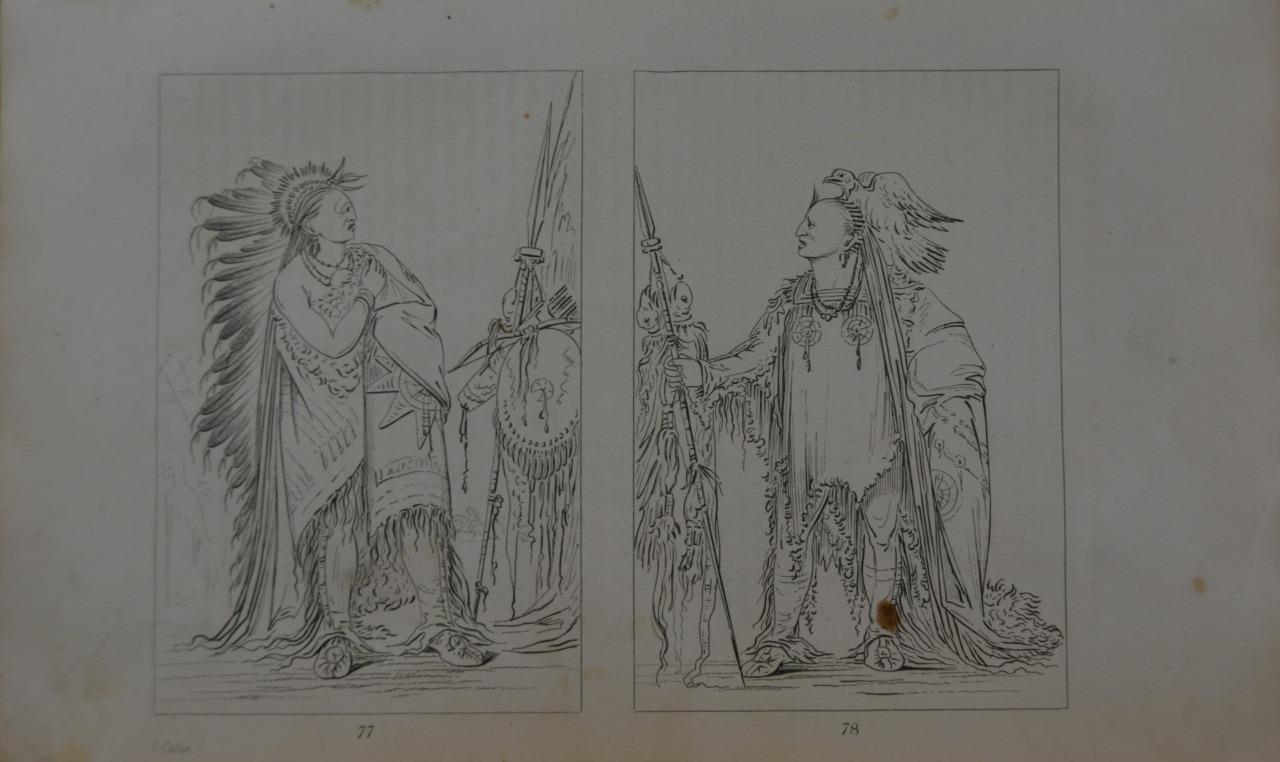 Antique 1840\'s Native American Engraving Art Crow and Cree Warriors History