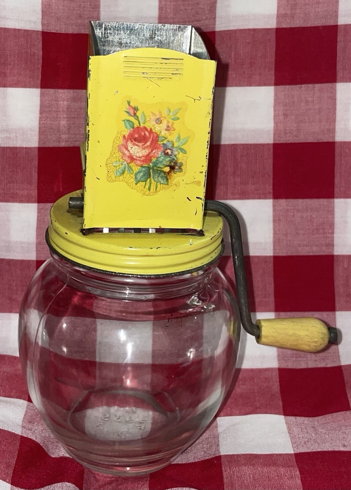 Vintage Yellow Floral Nut Grinder Chopper Wood Handle Hazel Atlas Glass 5935