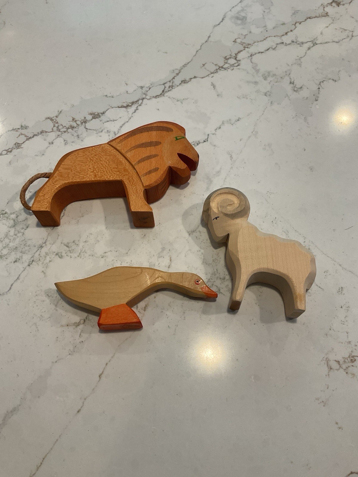 OSTHEIMER 3 Wooden Animals ( Goose , Ram & Lion) West Germany Vintage