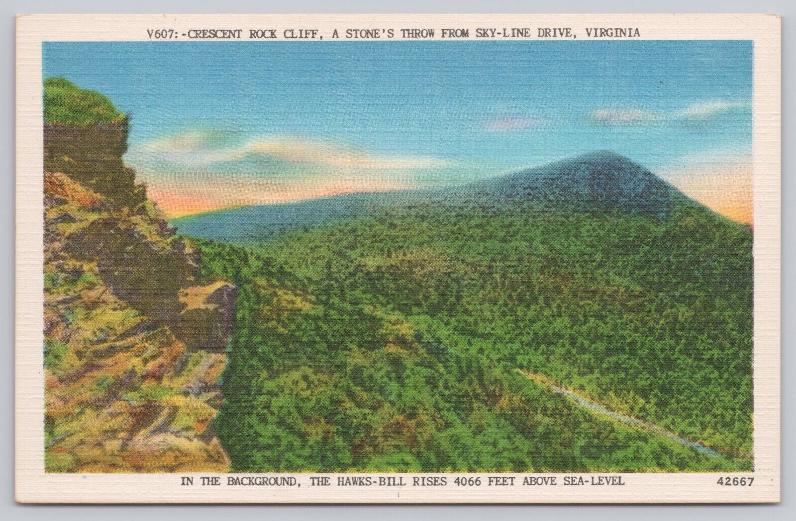 Luray Virginia, Crescent Rock Cliff, Skyline Drive, Hawks Bill Vintage Postcard