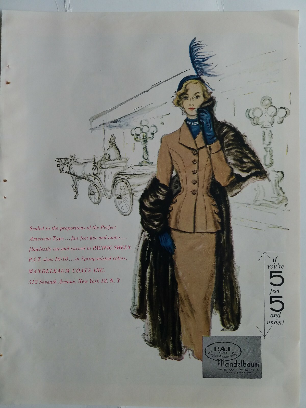 1949 women\'s Mandelbaum fur coats hat feather vintage fashion color art ad