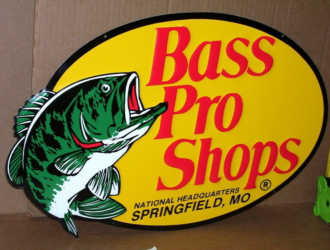 BASS PRO SHOPS - Oval Shaped & Embossed - BIG METAL SIGN - Shows Their FISH LOGO