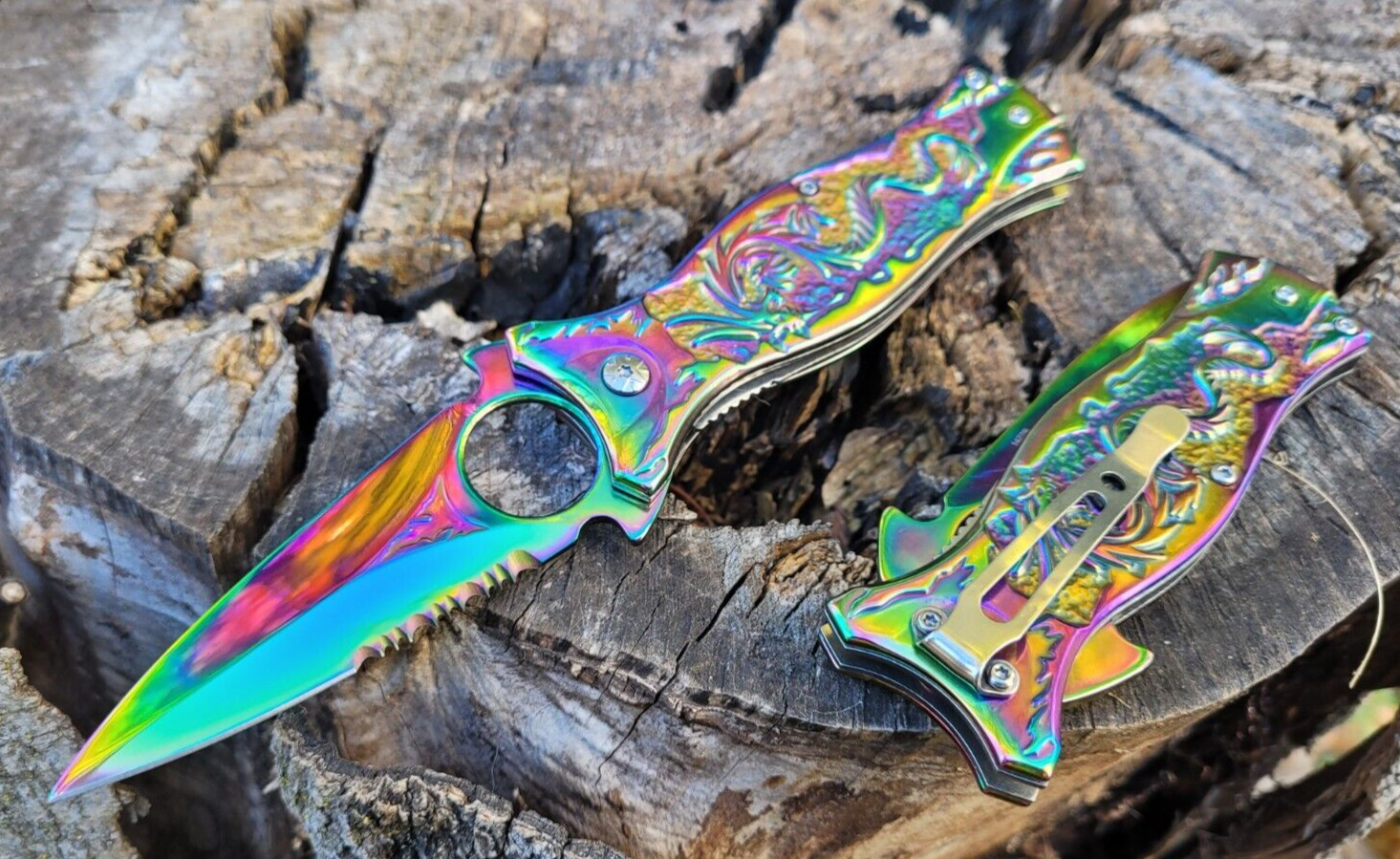 Cool Dragon Rainbow Metal Spring Assisted Pocket Knife Glass Breaker EDC 6.8 oz. Cool Dragon Rainbow Metal Spring Assisted Pocket Knife Glass Breaker EDC 6.8 oz.