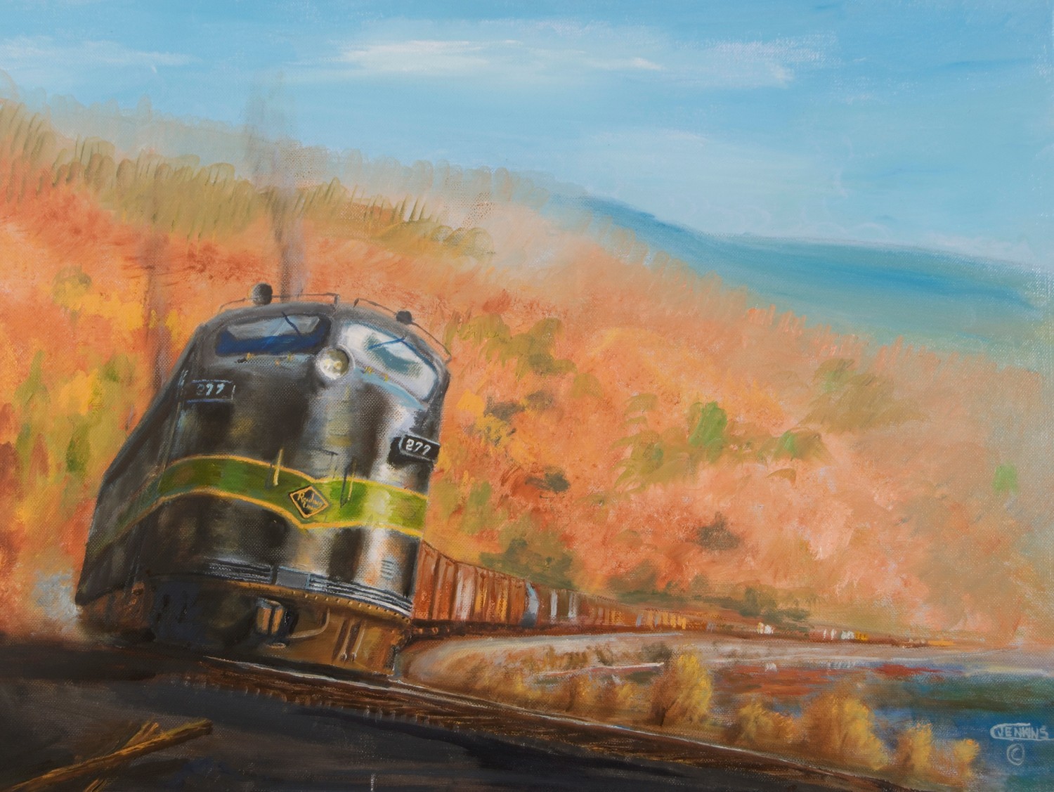 Original Oil Painting Railroad Train Reading Autumn   American Artist