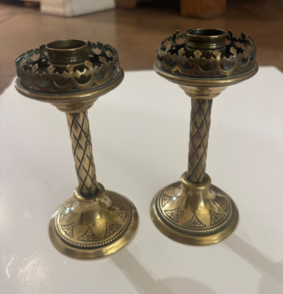 Pair (2) VTG Gothic Revival Brass 6” Church Altar Candlestick Holders Crown top