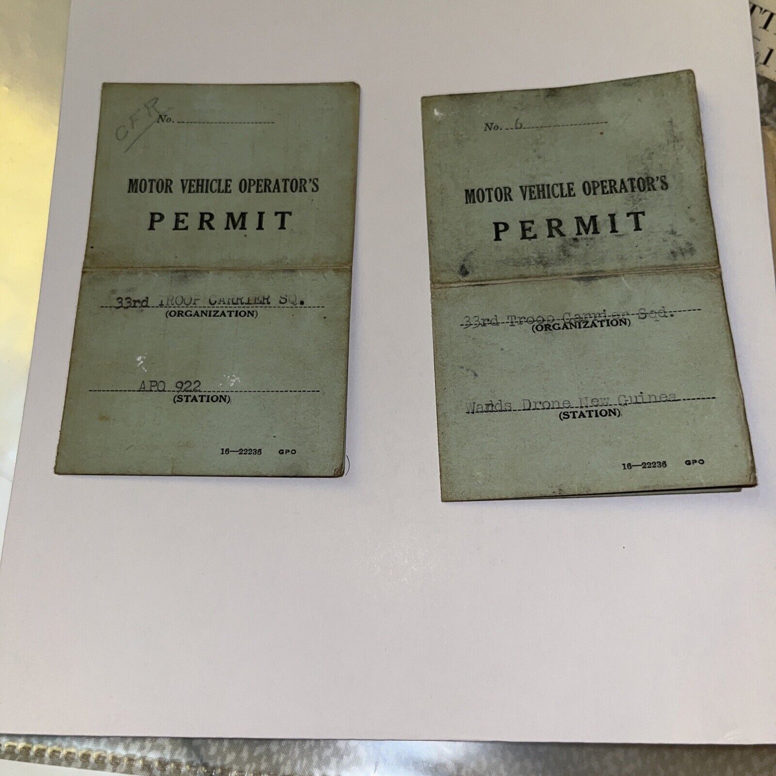 WWII 1943 Military Motor Vehicle Operator’s Permit Cards: Australia & New Guinea