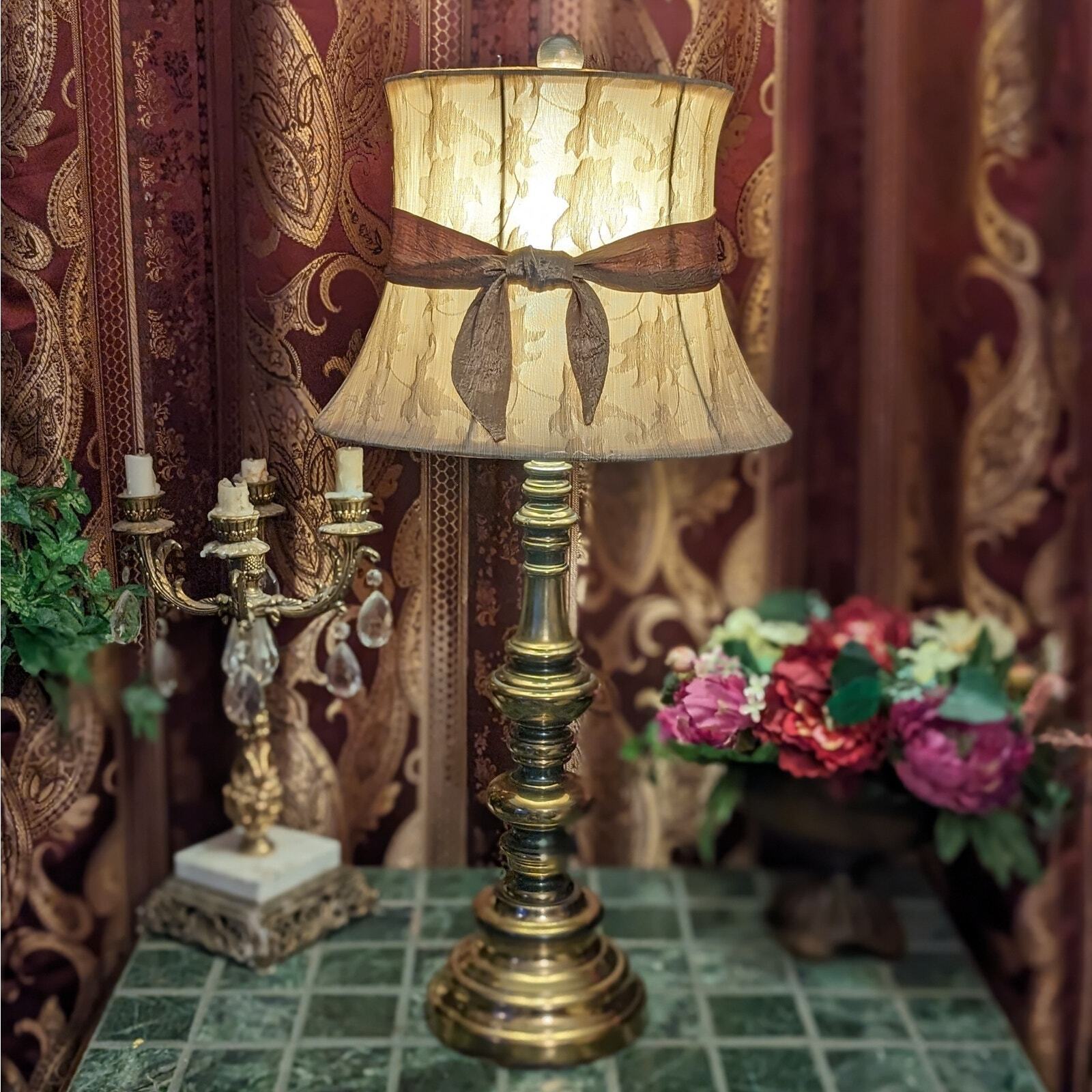 Tall Solid Brass Vintage Lamp with Custom Taupe Shade