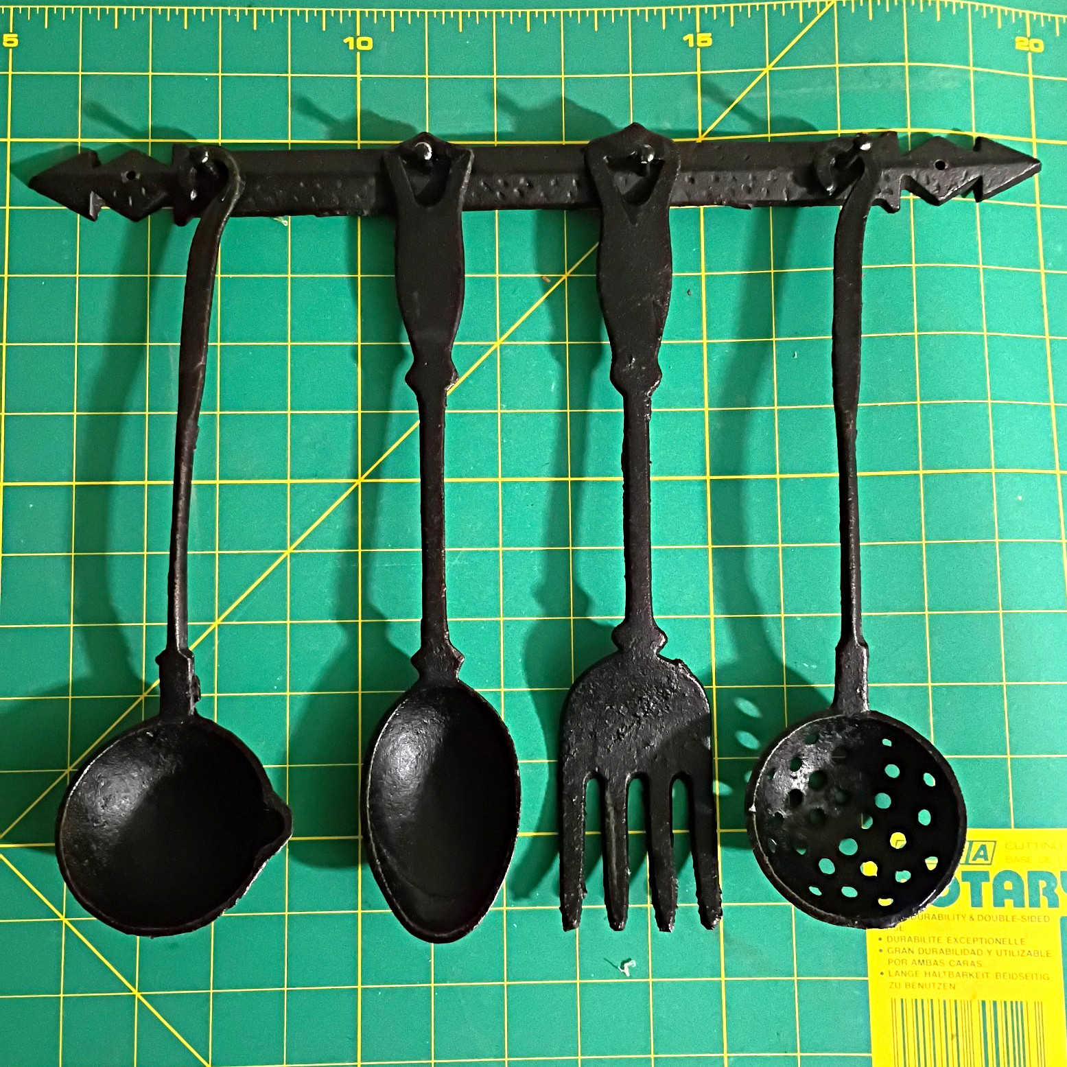 Vintage Made In Taiwan Cast Iron Serving Utensils Set of 4 and Wall Mount Rack Vintage Made In Taiwan Cast Iron Serving Utensils Set of 4 and Wall Mount Rack