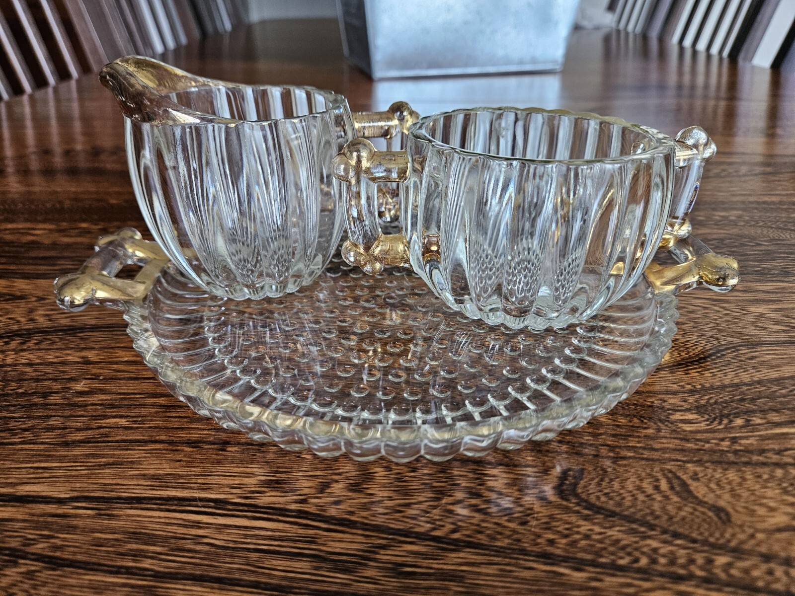 Vintage 1950s Glass Tray, Creamer & Sugar Bowl. Jeannette Glass Co. Gold Trim