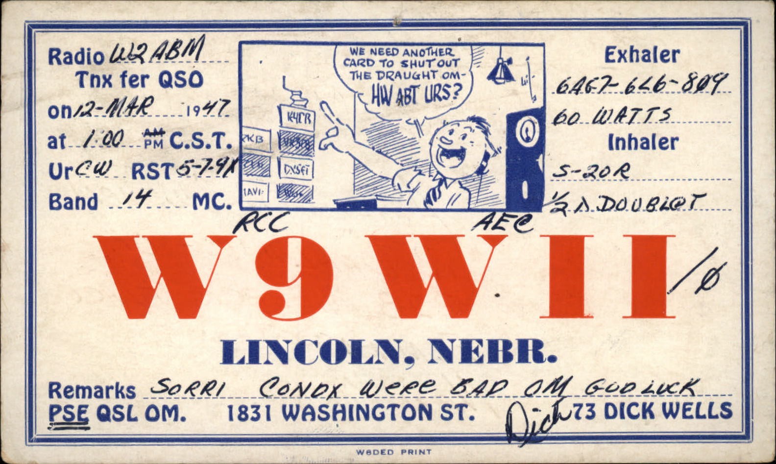 QSL Radio Card W9WII 1947 Lincoln Nebraska  Dick Wells Comic Radio Room Operator