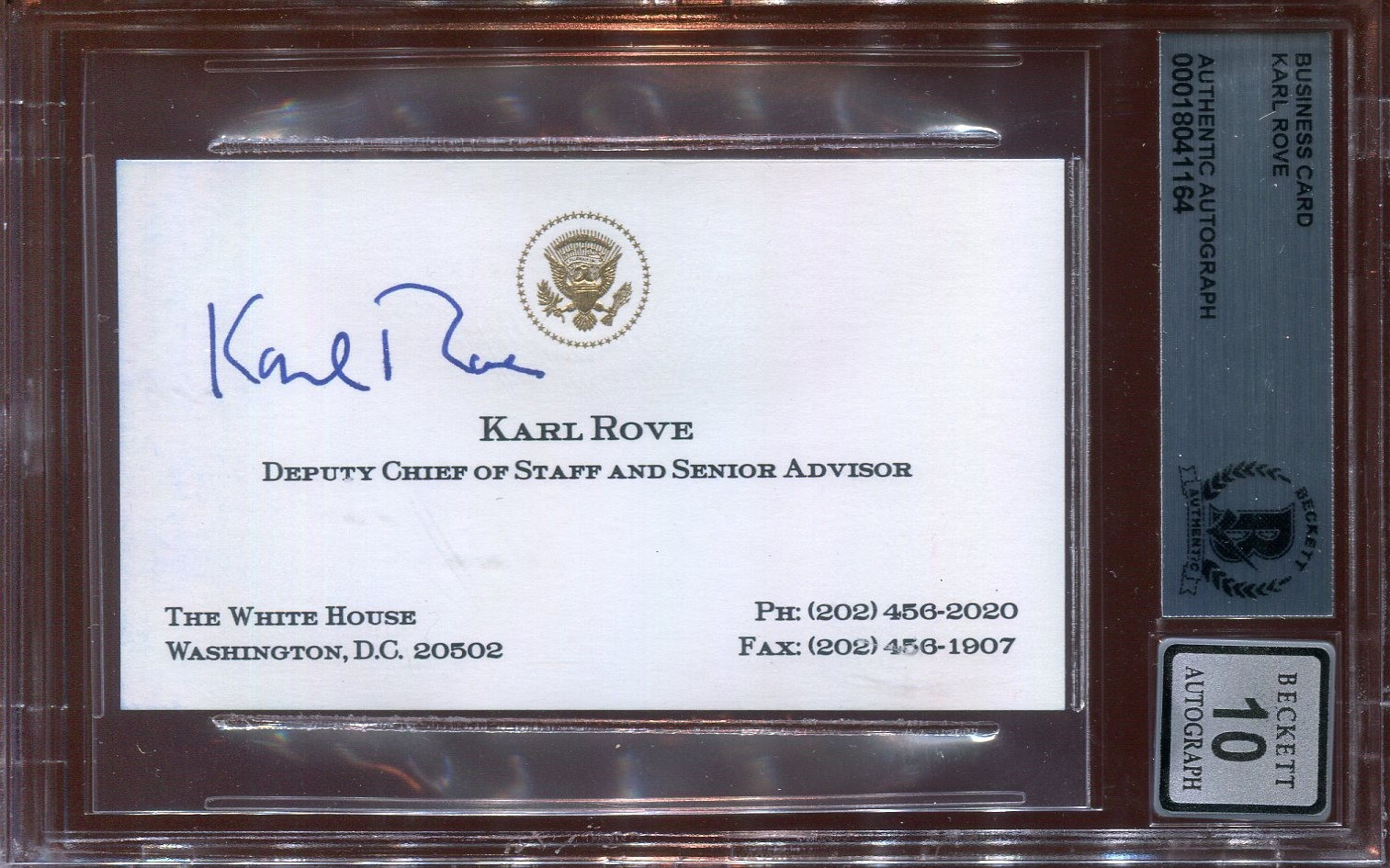 Karl Rove White House Bush Signed Business Card Beckett  Autograph 10 BAS *64