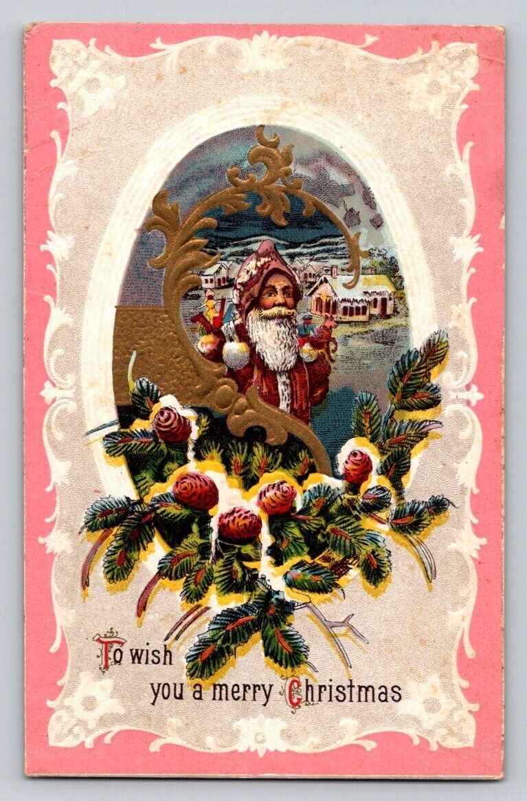 Winsch Back Brown Santa Claus Carrying Toys Gilt  Embossed c1910 P39