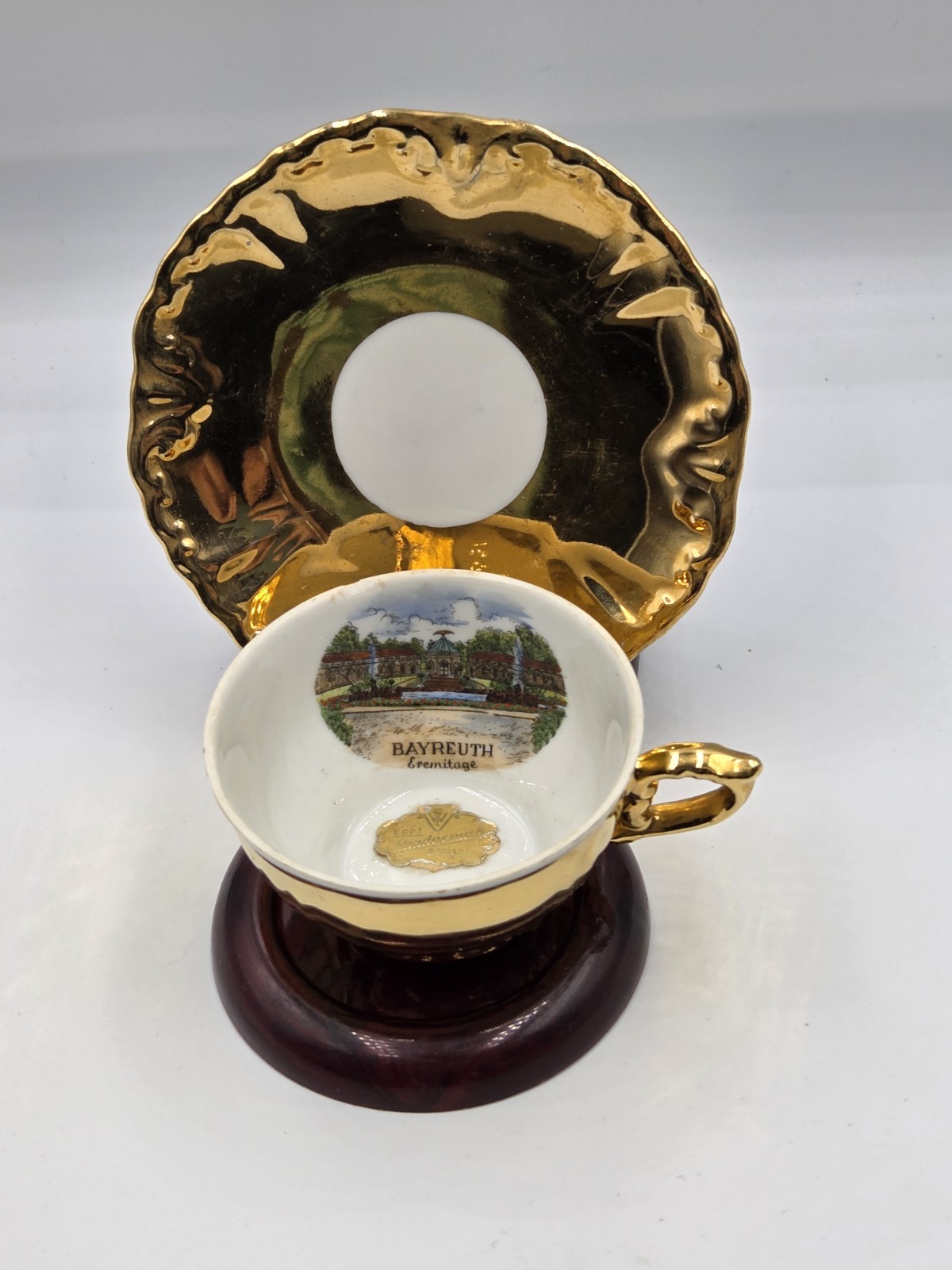 VTG Bavarian Porcelain Gold Gilded Teacup & Saucer Souvenir Bayreuth Germany Tag