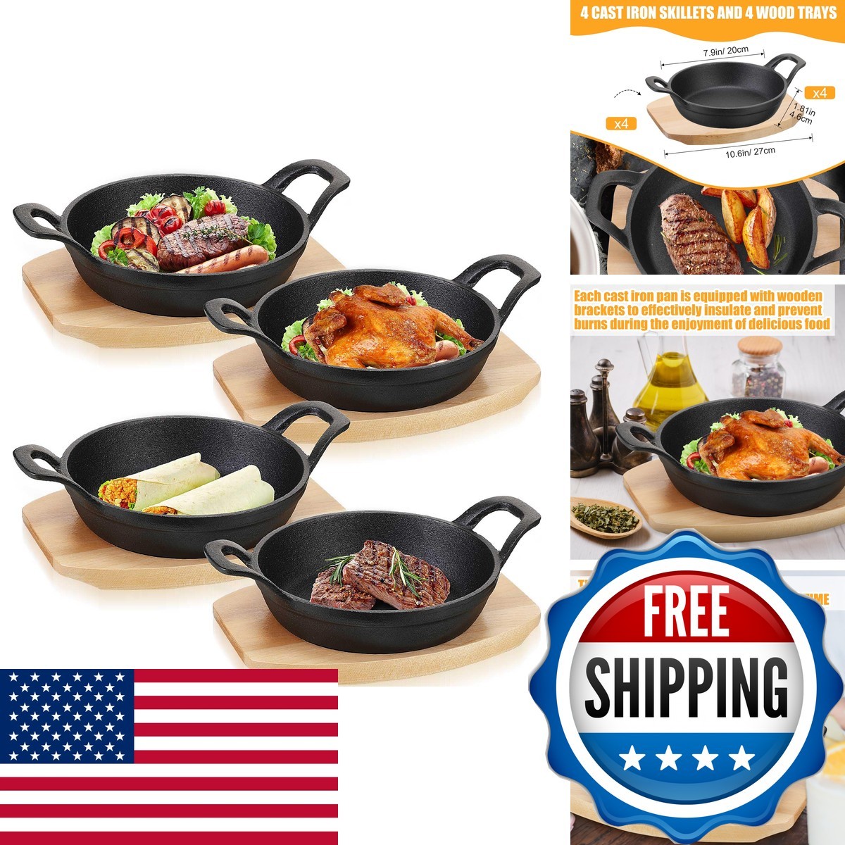 Sliner 4 Sets Mini Cast Iron Skillet Wood Base Round, 8 Inches 、 Sliner 4 Sets Mini Cast Iron Skillet Wood Base Round, 8 Inches 、