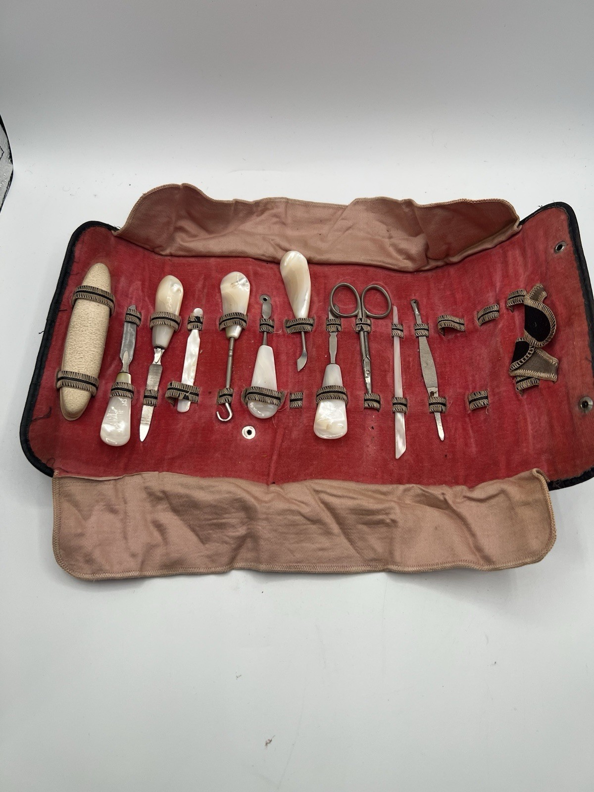 Vintage Heavy Mother of Pearl Handle Full Manicure 15 Pieces Vanity Set