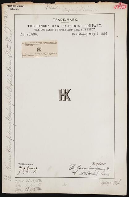 Photo:Hinson Manufacturing Co HK Car Coupling Devices Trade-Mark 1895