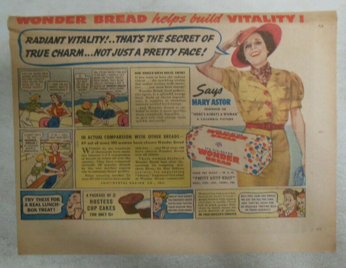 Wonder Bread Ad: Hollywood Star Mary Astor from 1938 Size:7.5 x 10 Inches
