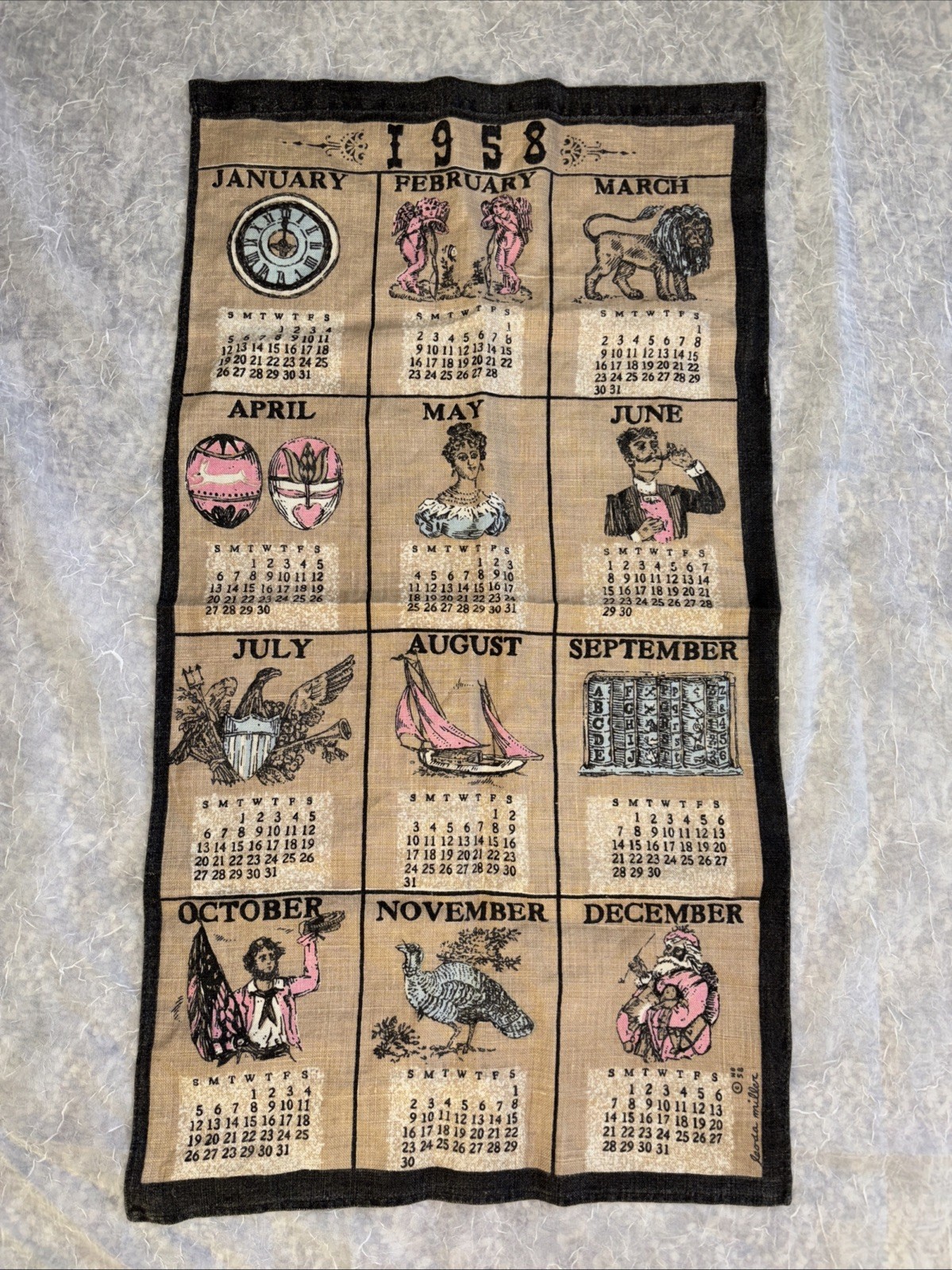 1958 Linen Cloth Calendar Designs By Leoda Miller