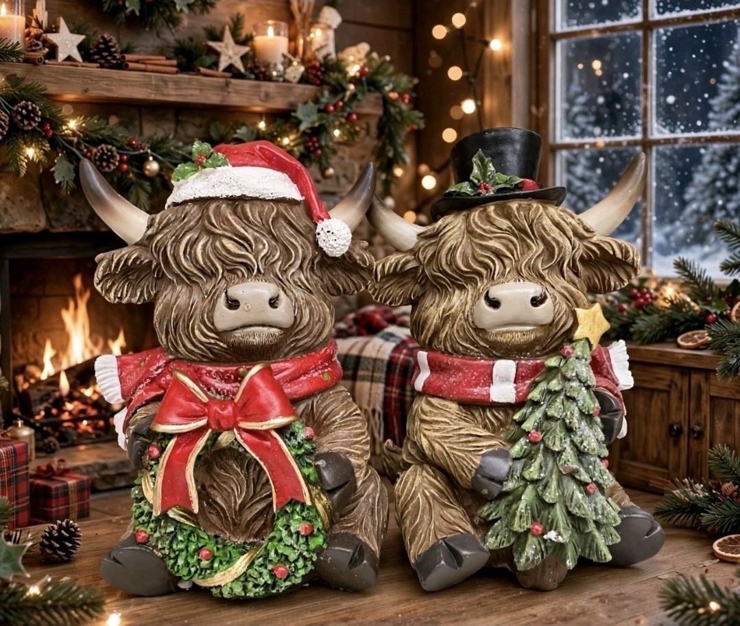 Hobby Lobby Christmas Highland Cow Figurines Santa Hat & Top Hat – Set of 2 –NEW
