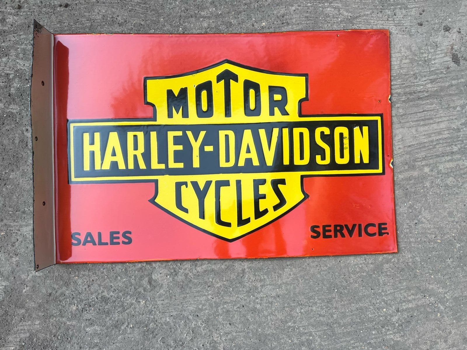 RARE PORCELAIN HARLEY DAVIDSON ENAMEL SIGN 24X16 INCHES DOUBLE SIDED WITH FLANGE