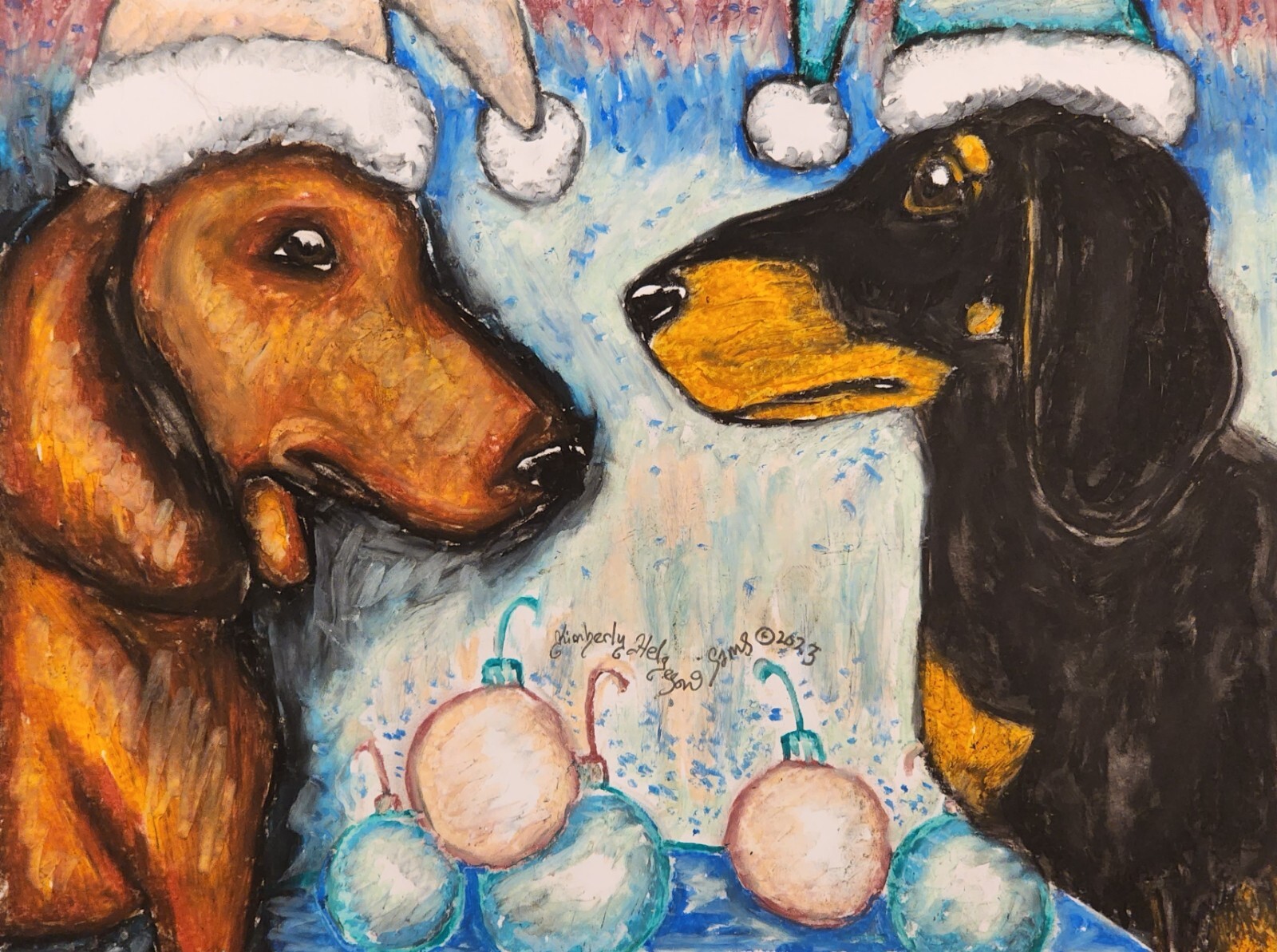 DACHSHUND Christmas Art Print 11x14 by Artist KSams Dogs Smooth Doxie Whimsical