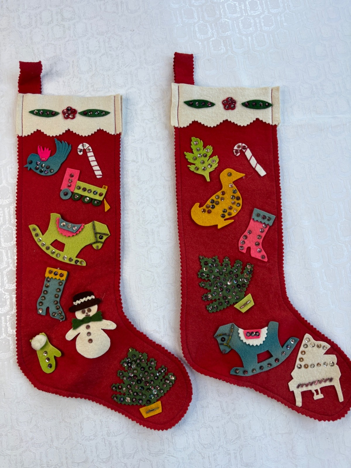 2-VTG 60's HANDMADE FELT CHRISTMAS STOCKINGS SEQUIN TOY TREE SNOWMAN APPLIQUÉS