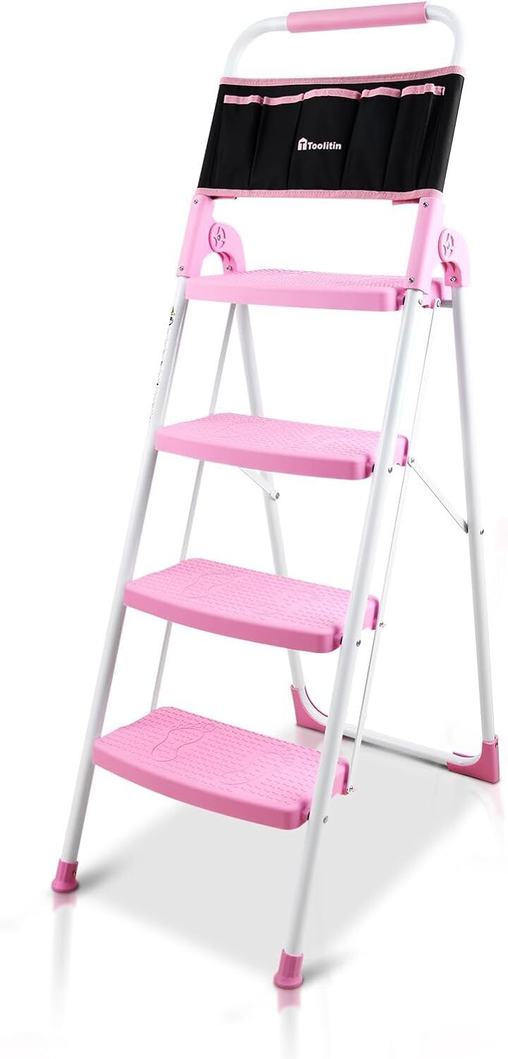 4 Step Ladder with Attachable Tool Bag,500 lbs Folding Step Stool with Wide 