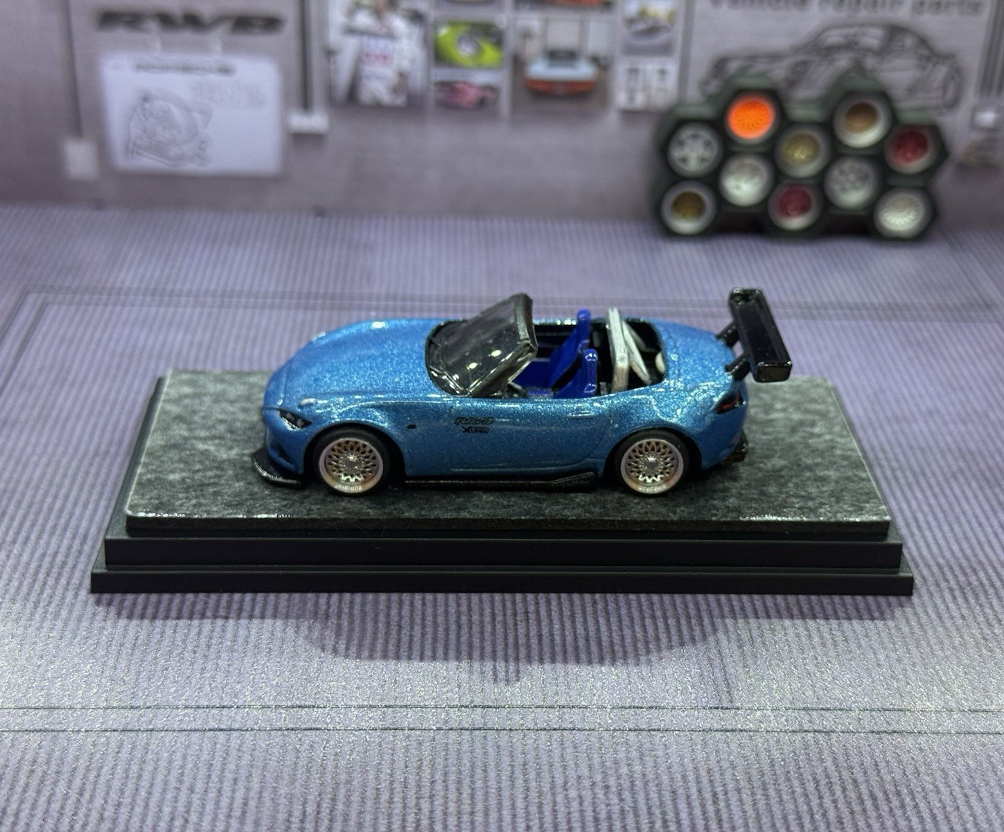 Mazda MX-5 Miata Blue Convertible 1:64 Model Car w/ Display Base Clear Case