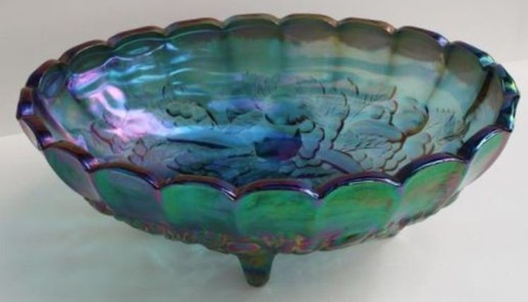 Harvest Carnival By Colony Iridescent Blue Glass Footed Harvest Grape Bowl 12\