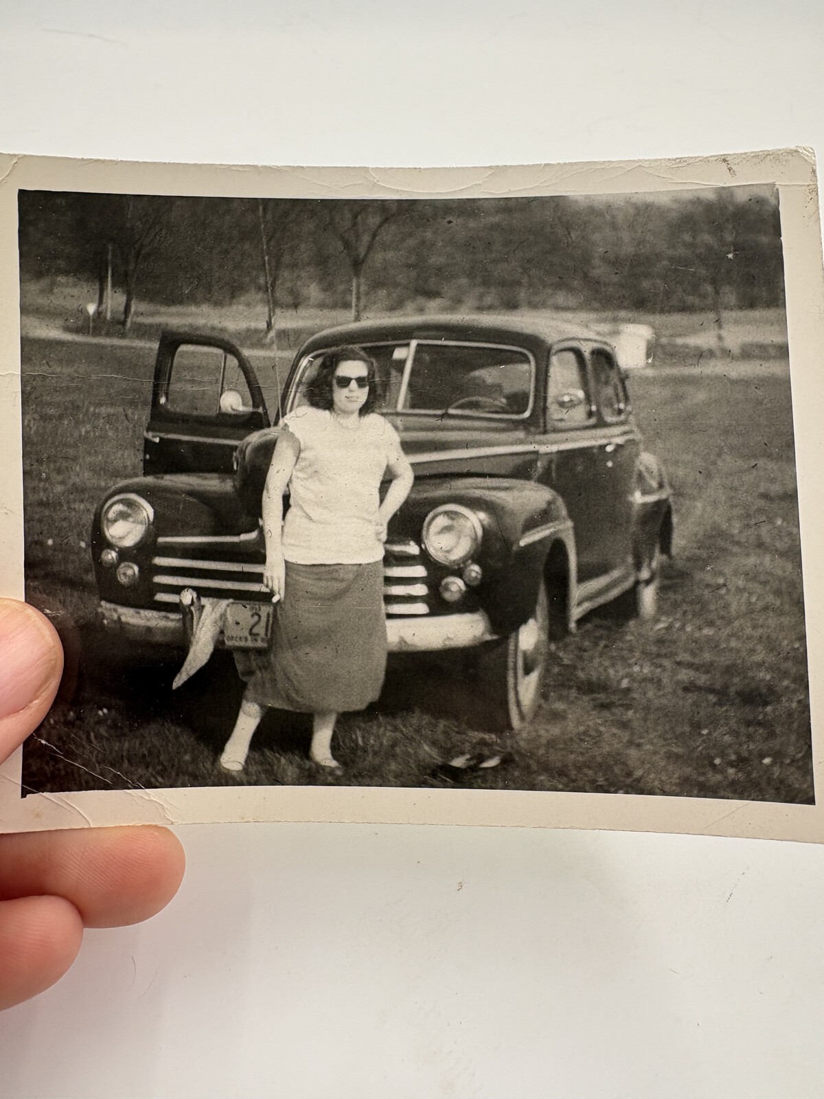 Original 1940s Snapshot Photo Woman with 1947-48 Ford Sedan Sunglasses