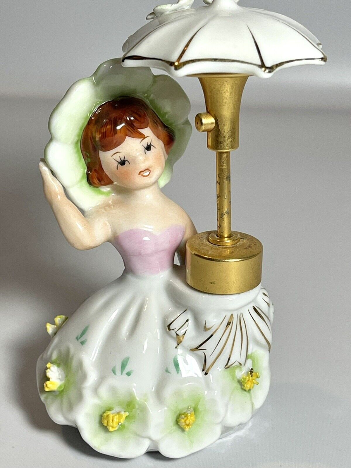 Vintage DEV Lady Perfume Bottle Girl w Umbrella Spray Atomizer 4-1/2
