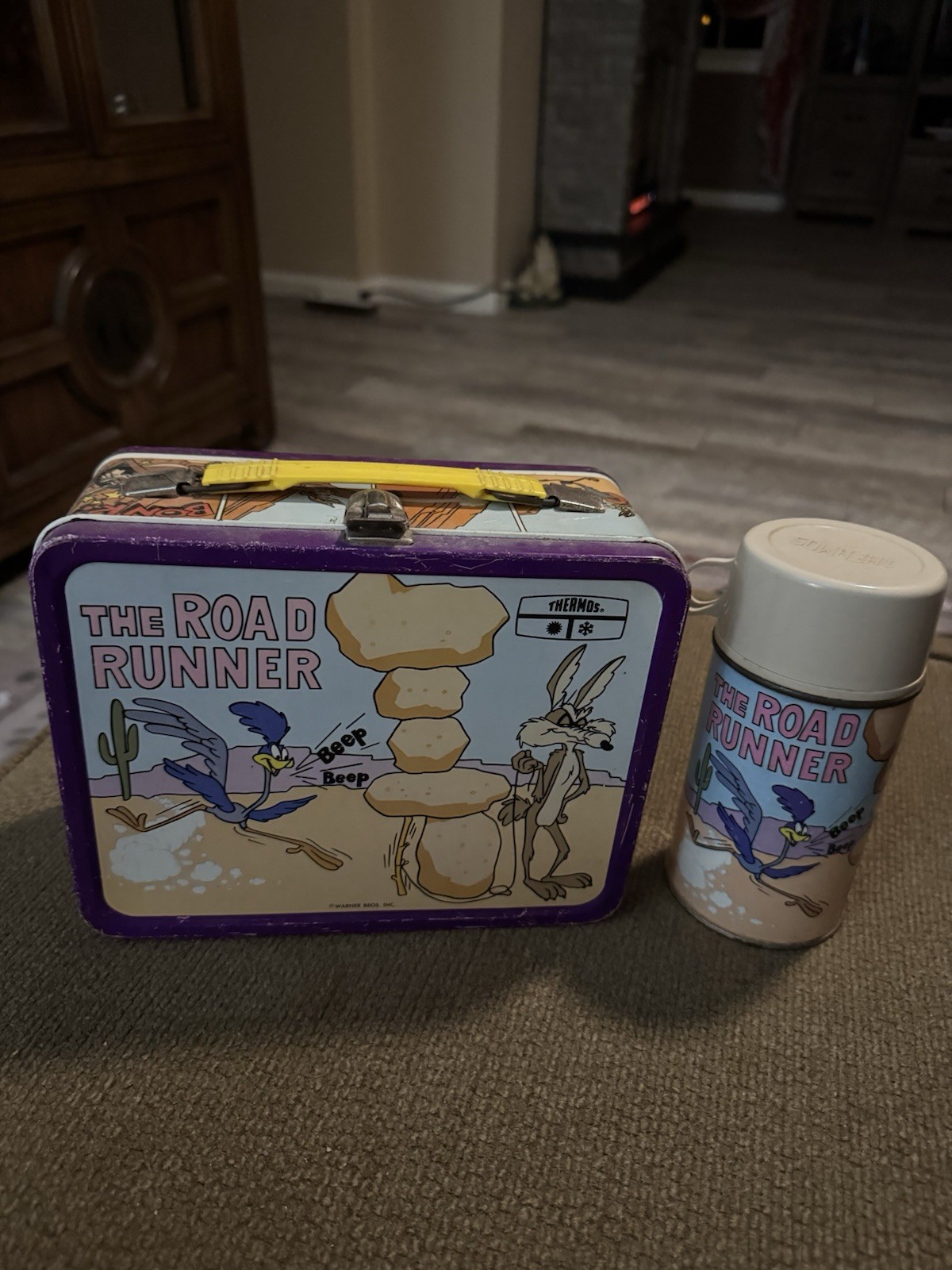 Vintage 1970s Road Runner Warner Bros Metal Lunchbox with Thermos Looney Tunes