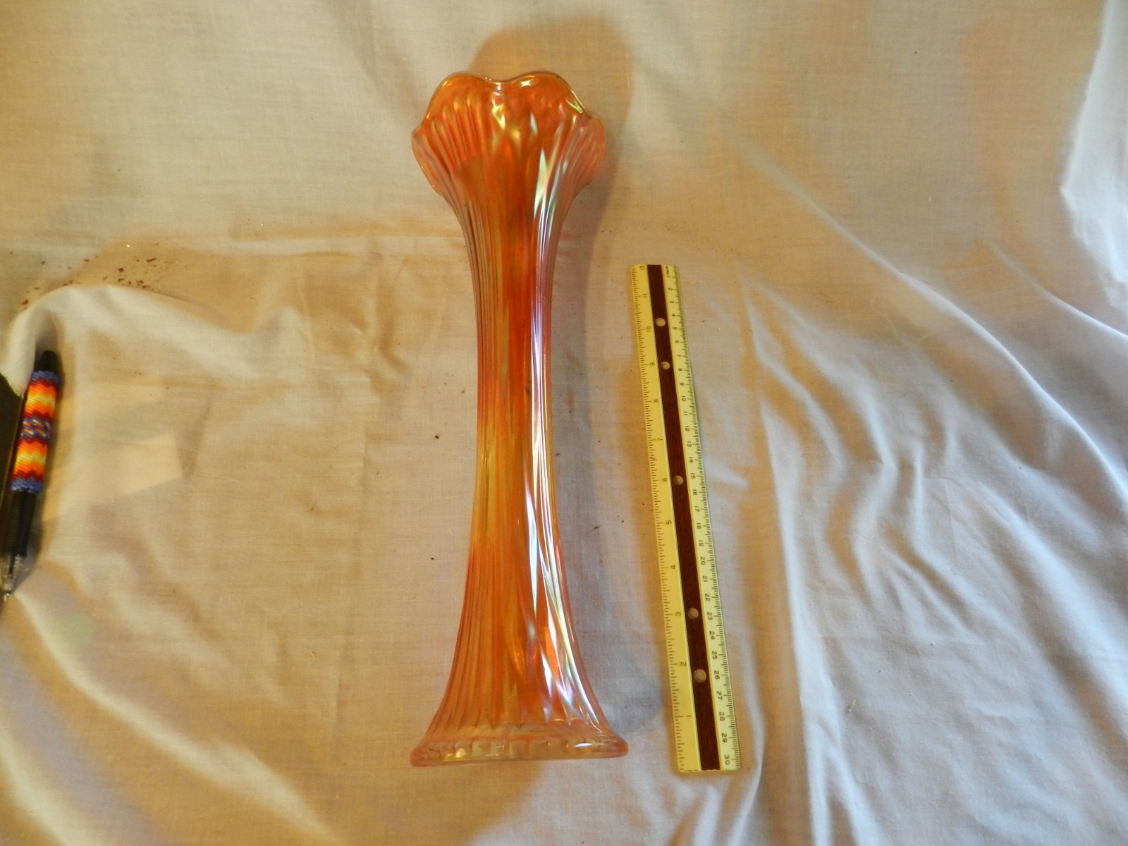 Vintage marigold carnival glass vase Diamond and rib Nice color irid.