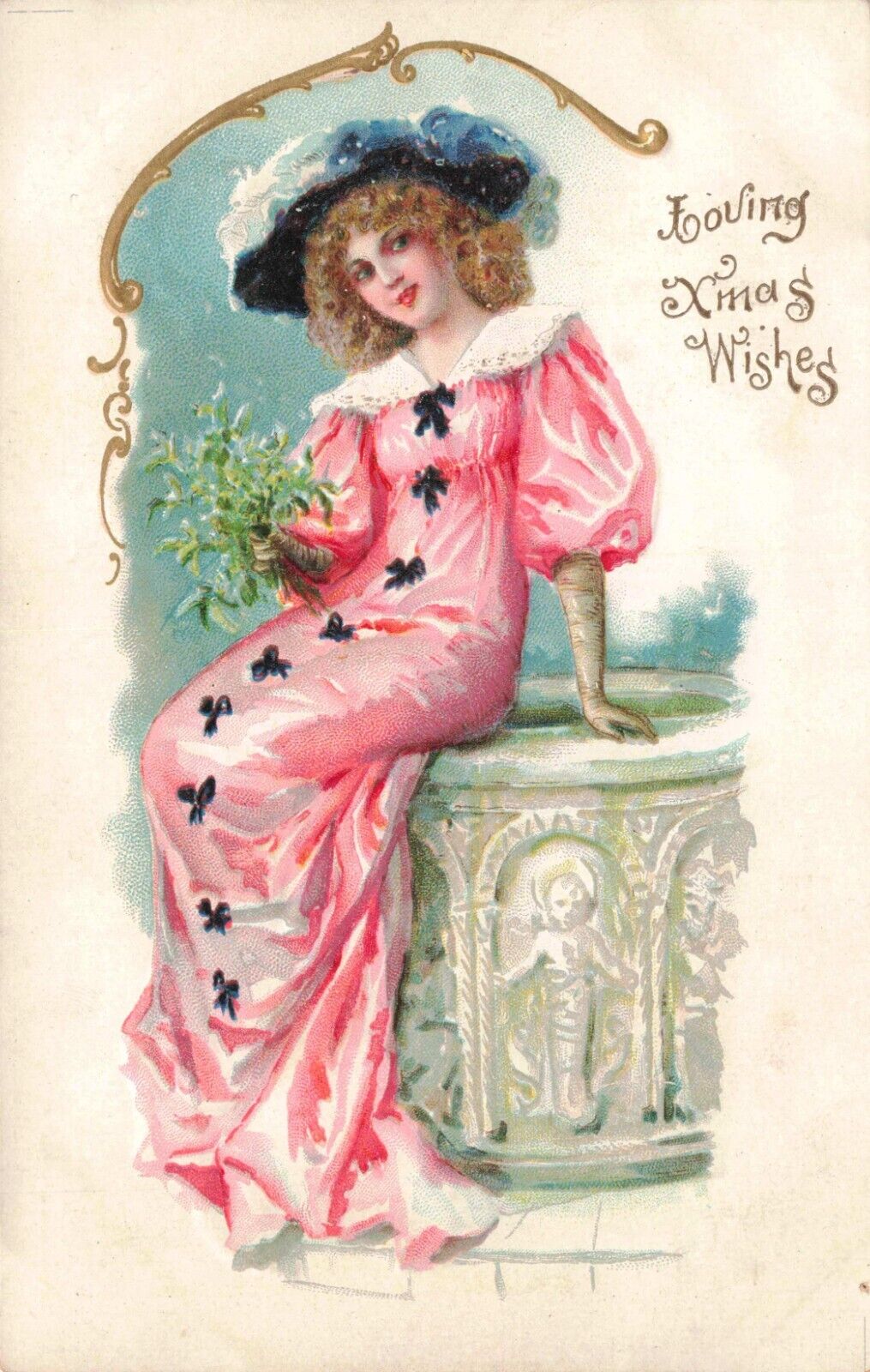 Pretty Lady in Pink Gown & Blue Hat Xmas Wishes Embossed Vintage Postcard