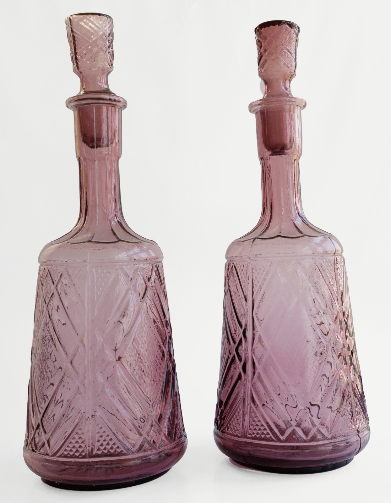 Vintage Amethyst Glass Diamond Point Decanter Bottles Set Of Two 13.5