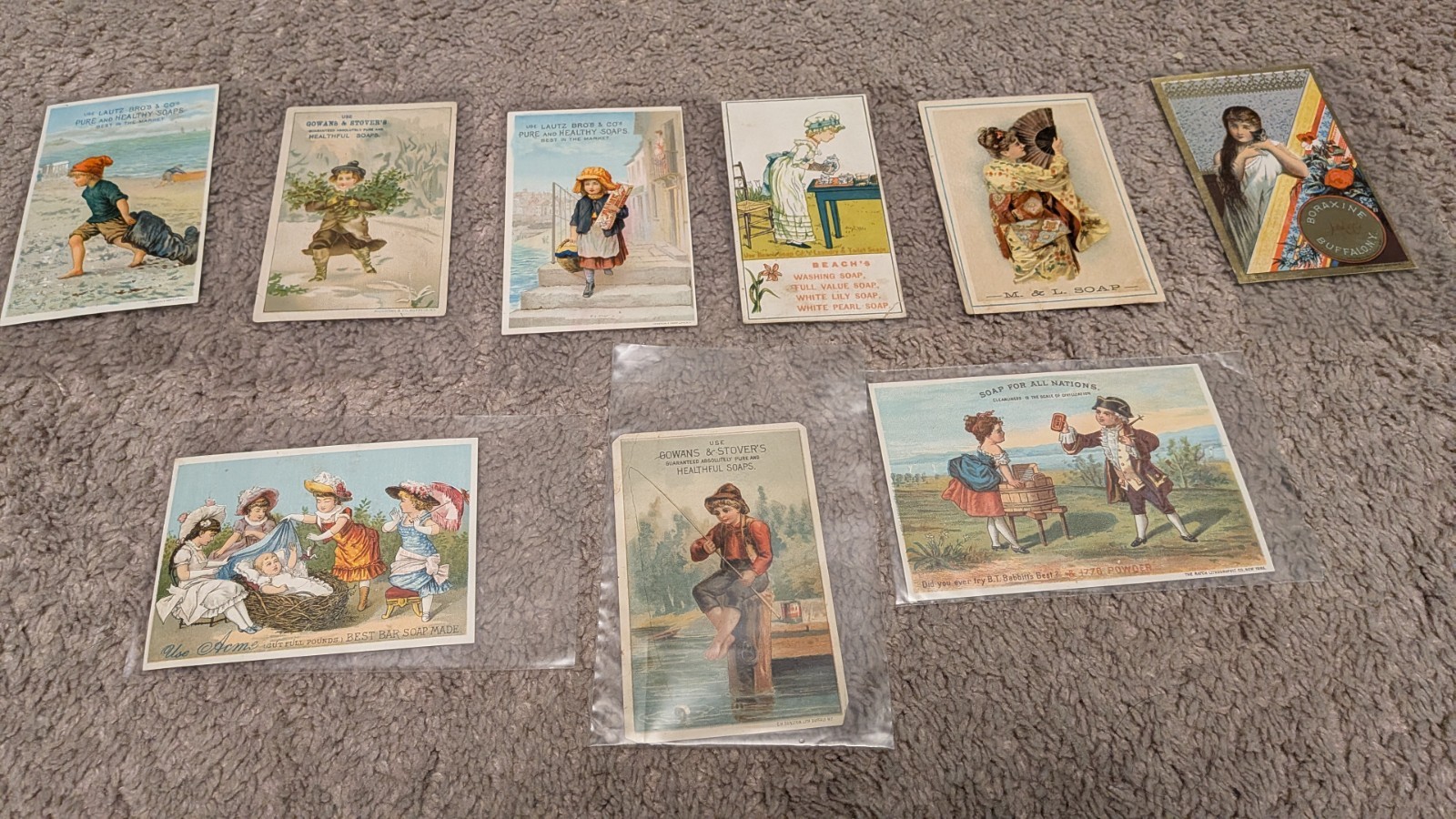 Lot Of 9 Victorian Trade Cards Soaps Babbits Boraxine Lautz Beach's Gowan's 