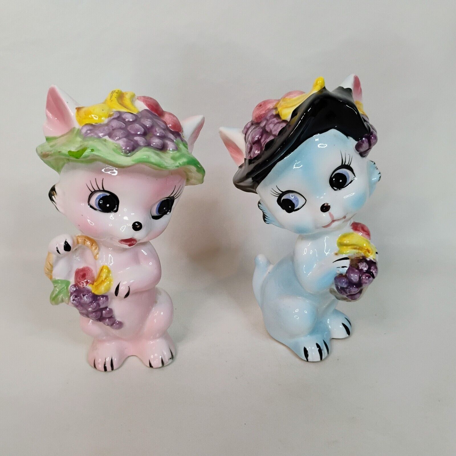 Vintage Mid Century Set Of Two Cat Figurines Pink And Blue 6.5 Inches Tall