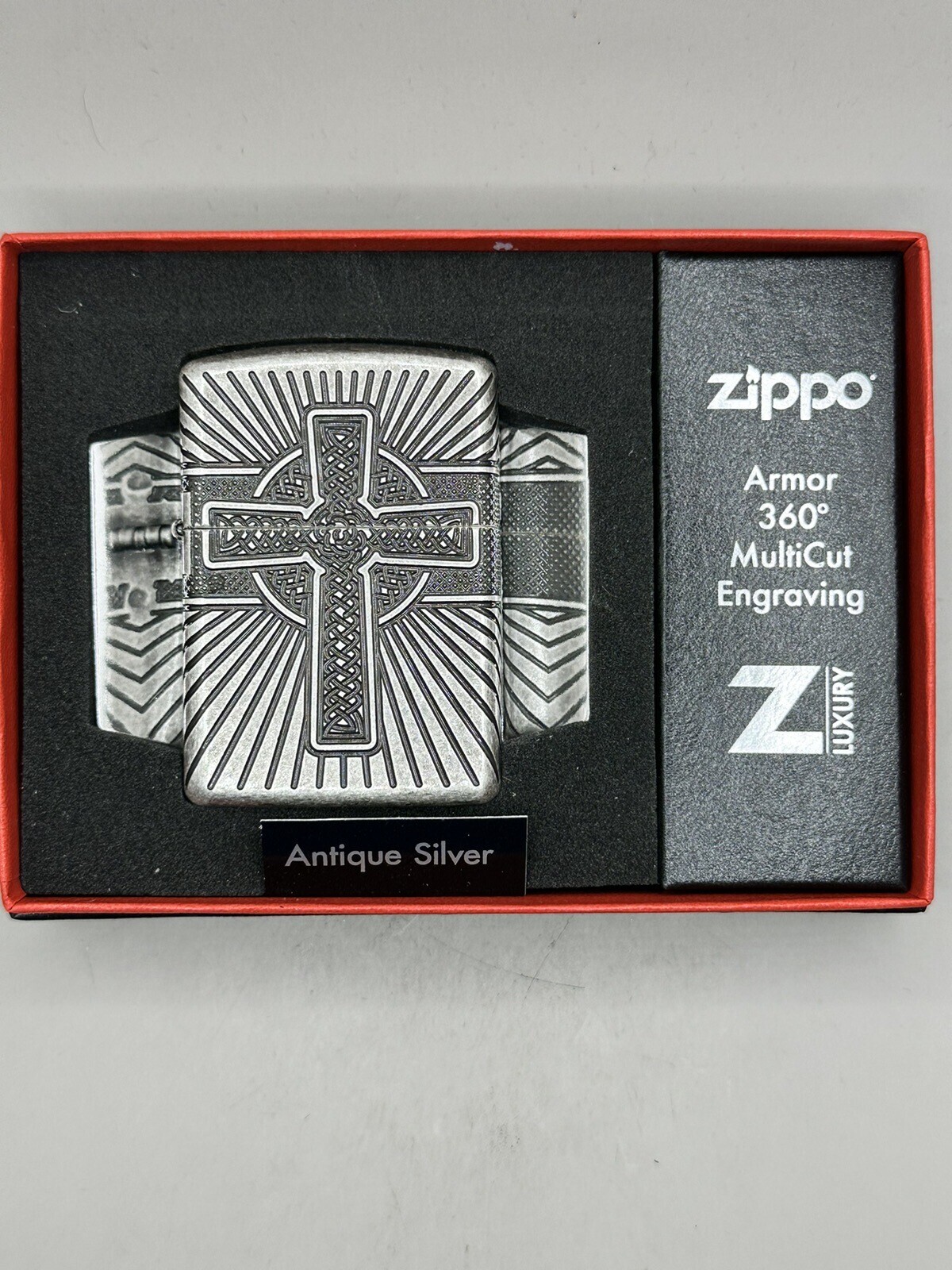 Celtic Cross MultiCut Engraved Antique Silver Armor Zippo Lighter NEW 29667