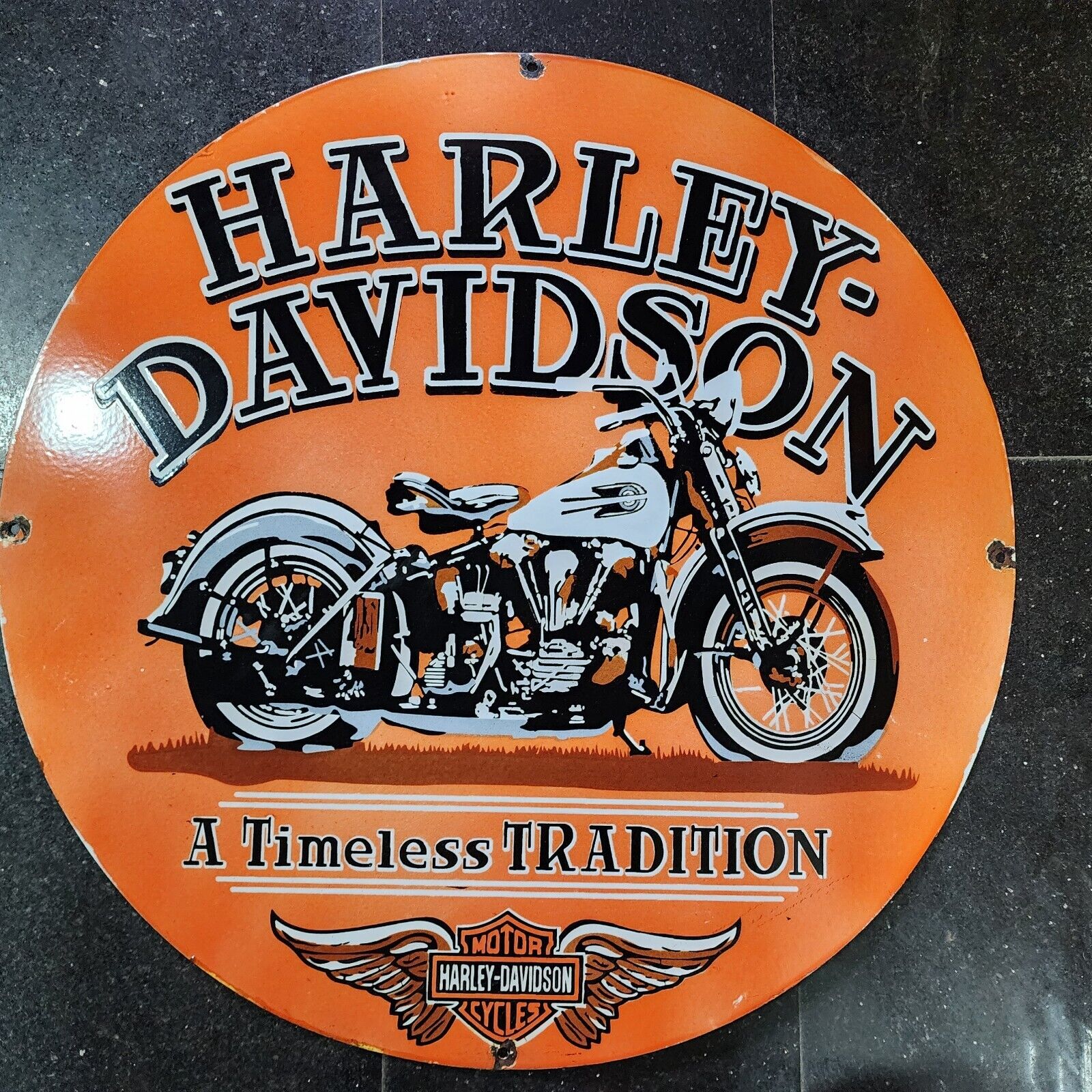 HARLEY TIMELESS PORCELAIN ENAMEL SIGN 30 INCHES ROUND