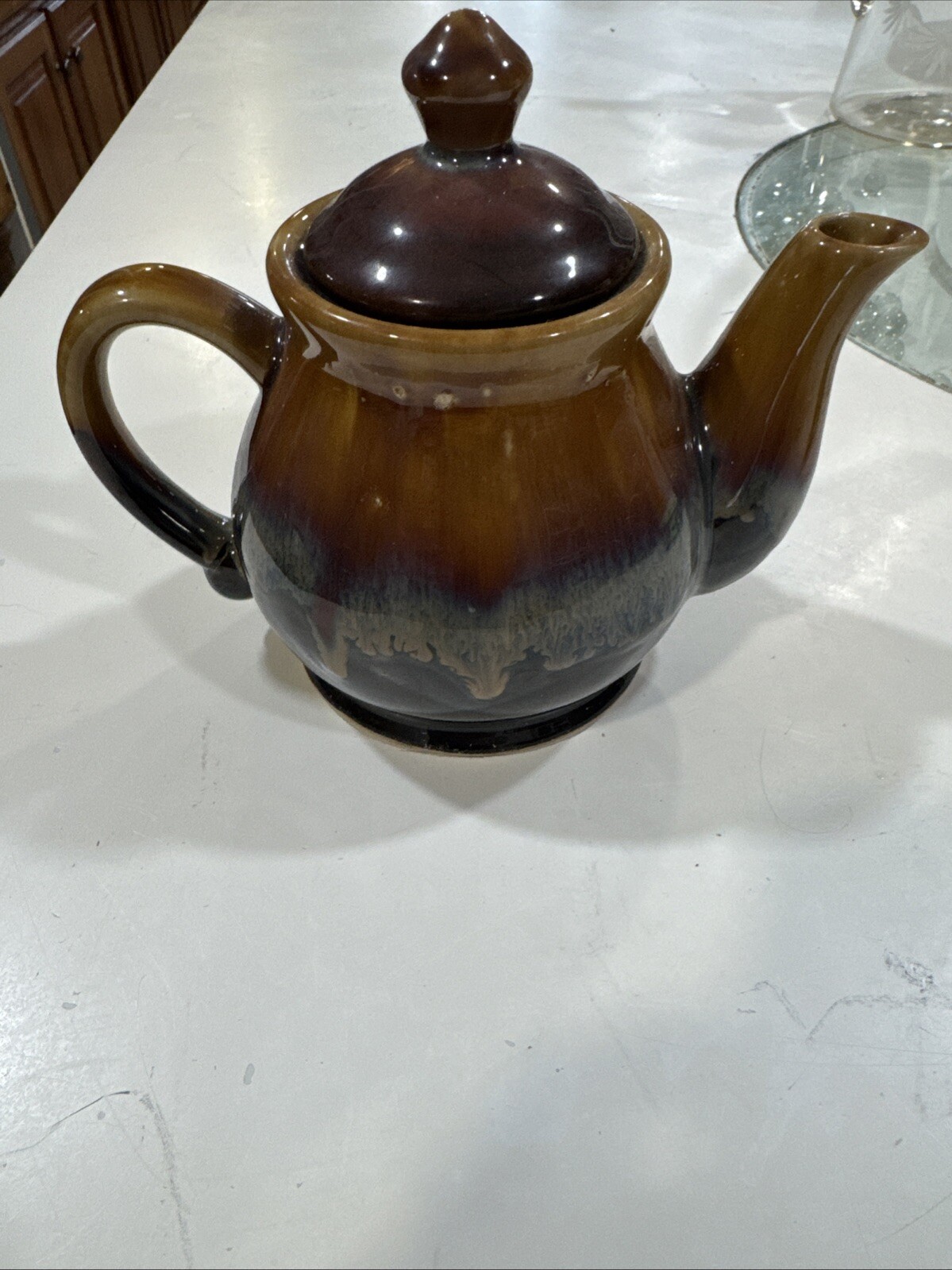 Vintage Brown Ceramic Pottery Teapot With Carmal Drip Glaze, Holds 3 Cups