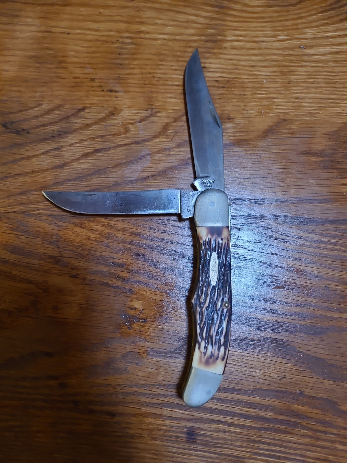 Ka-Bar USA 2 Blade Pocket Knife Jigged Brown Handle Vintage Folding Knife