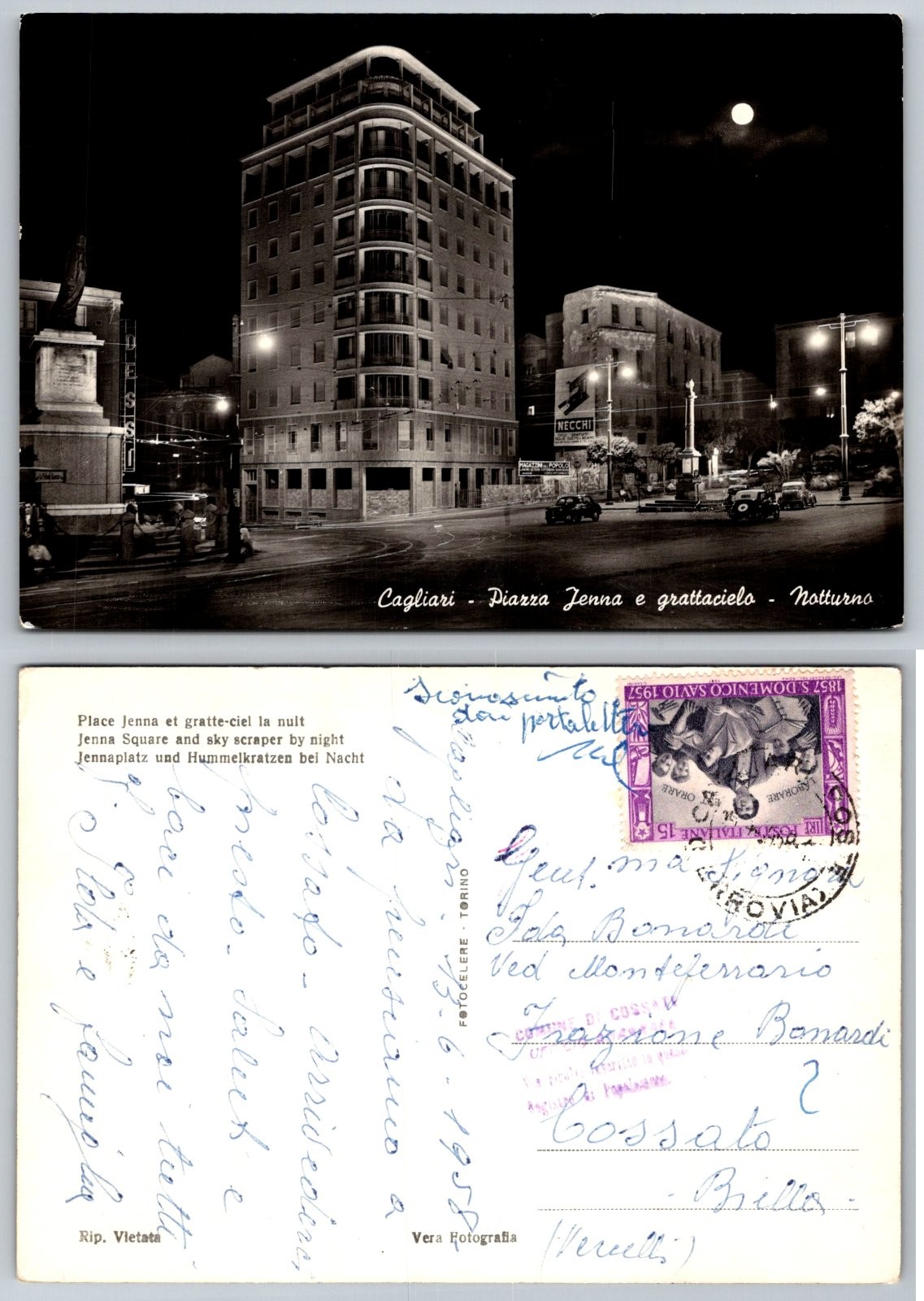 Continental Cagliari Piazza Jenna Grattacielo Night View Postcard Continental Cagliari Piazza Jenna Grattacielo Night View Postcard