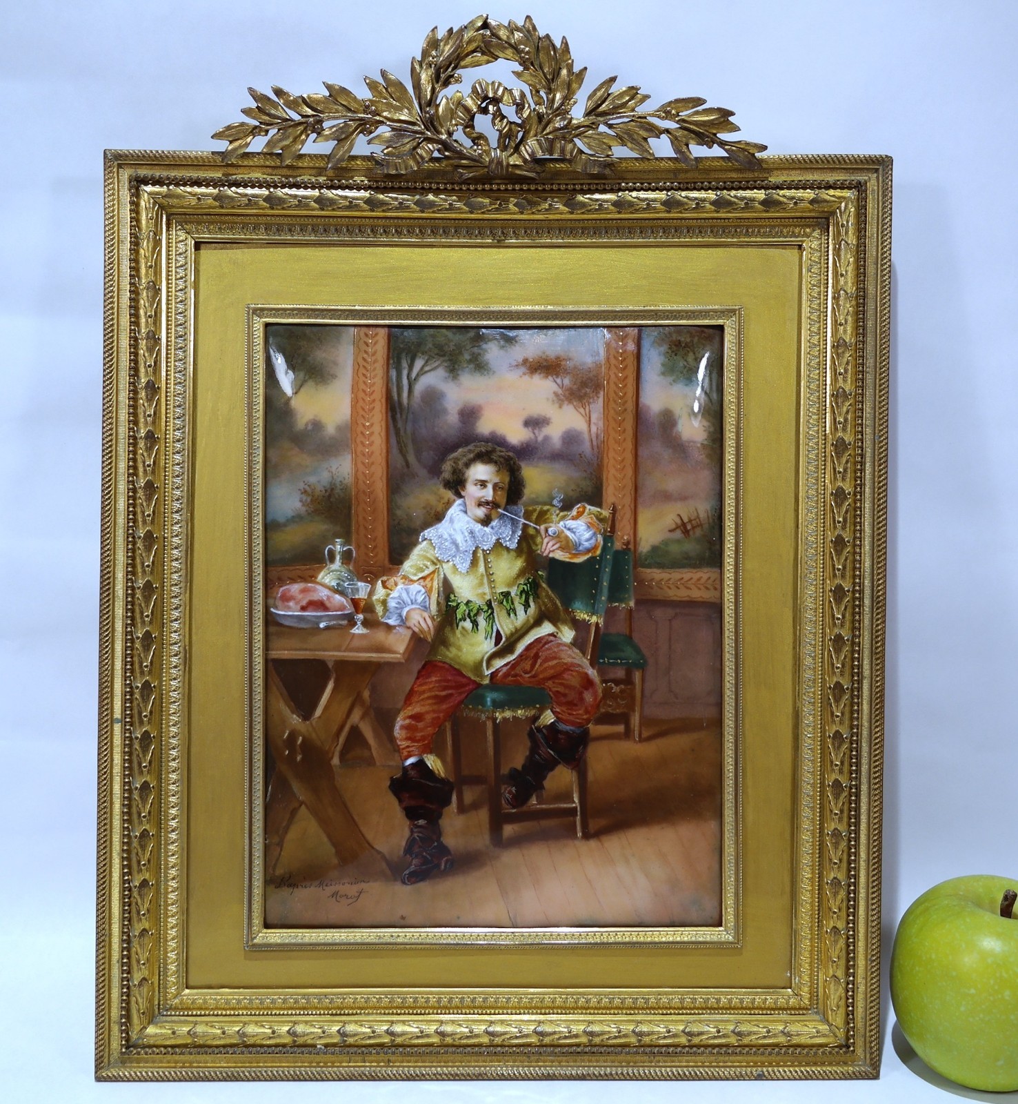 French Limoges Enamel Plaque of Musketeer Bronze Ormolu Frame Meissonier C. 1890