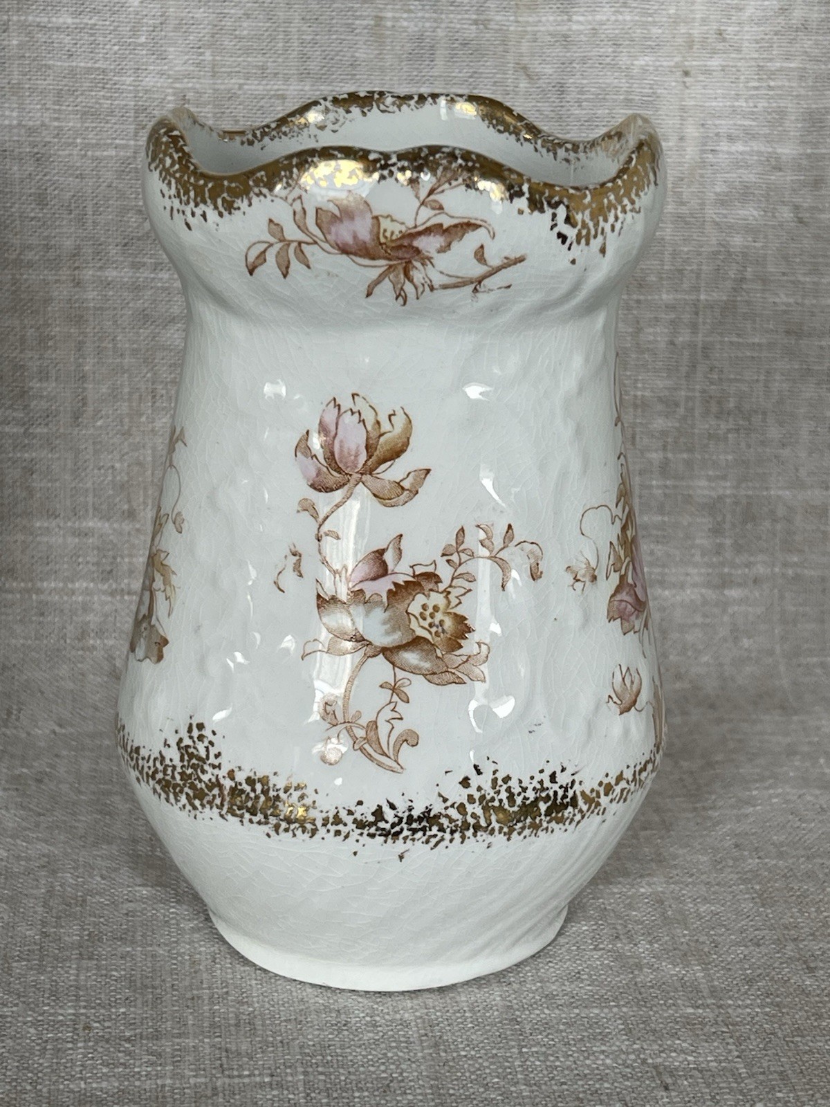 Antique W.H. Grindley Semi-Porcelain Floral Vase w Gold Trim, Rose Pattern 5” T